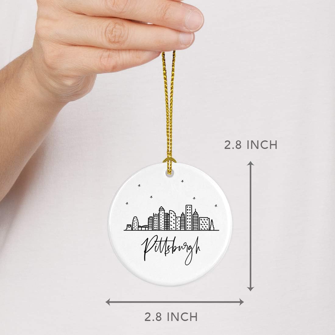 Andaz Press Round Ceramic Porcelain Christmas Tree Ornament Keepsake, Pittsburgh Black and White Stars City Skyline Graphic, 1-Pack, Birthday Gift Family Coworker Him Her, Includes Gift Box