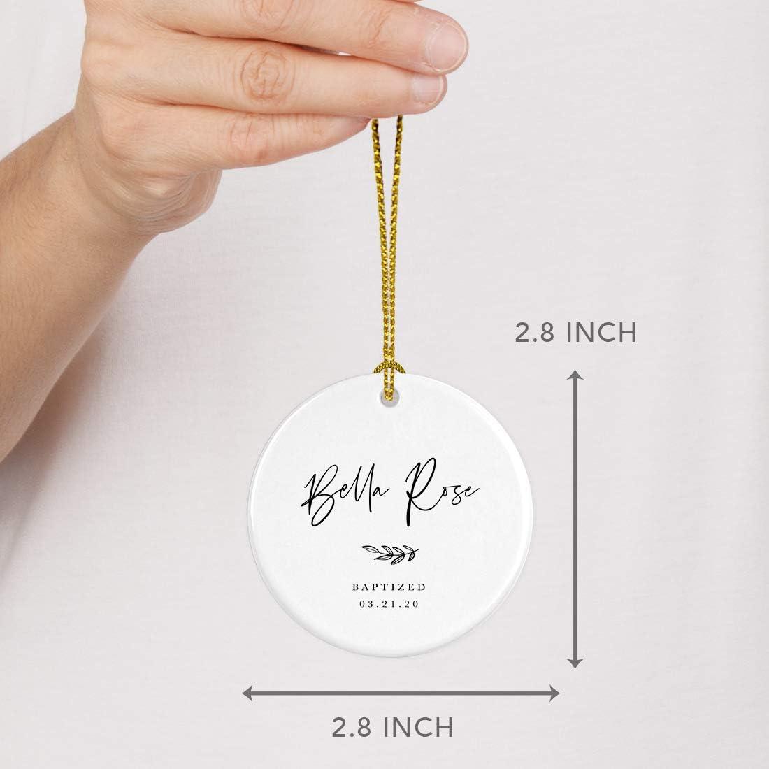 Andaz Press Personalized Round Ceramic Porcelain Christmas Tree Ornament Engagement Collectible Gift for Baby, Ava Marie Carter Baptized 03.21.20, Antique Handdrawn, 1-Pack