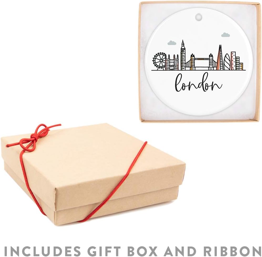 Andaz Press Round Ceramic Porcelain Christmas Tree Ornament Keepsake Gift, London, Colorful International City Skyline Graphic, 1-Pack, Birthday Ideas Family Coworker Him Her, Gift Box
