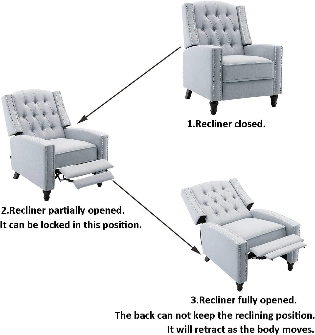 Fabric Push Back Recliner Chair Mid Century Tufted Single Comfy Reading Sofa Chair for Living Room/Bedroom/Home Theatre, Grey