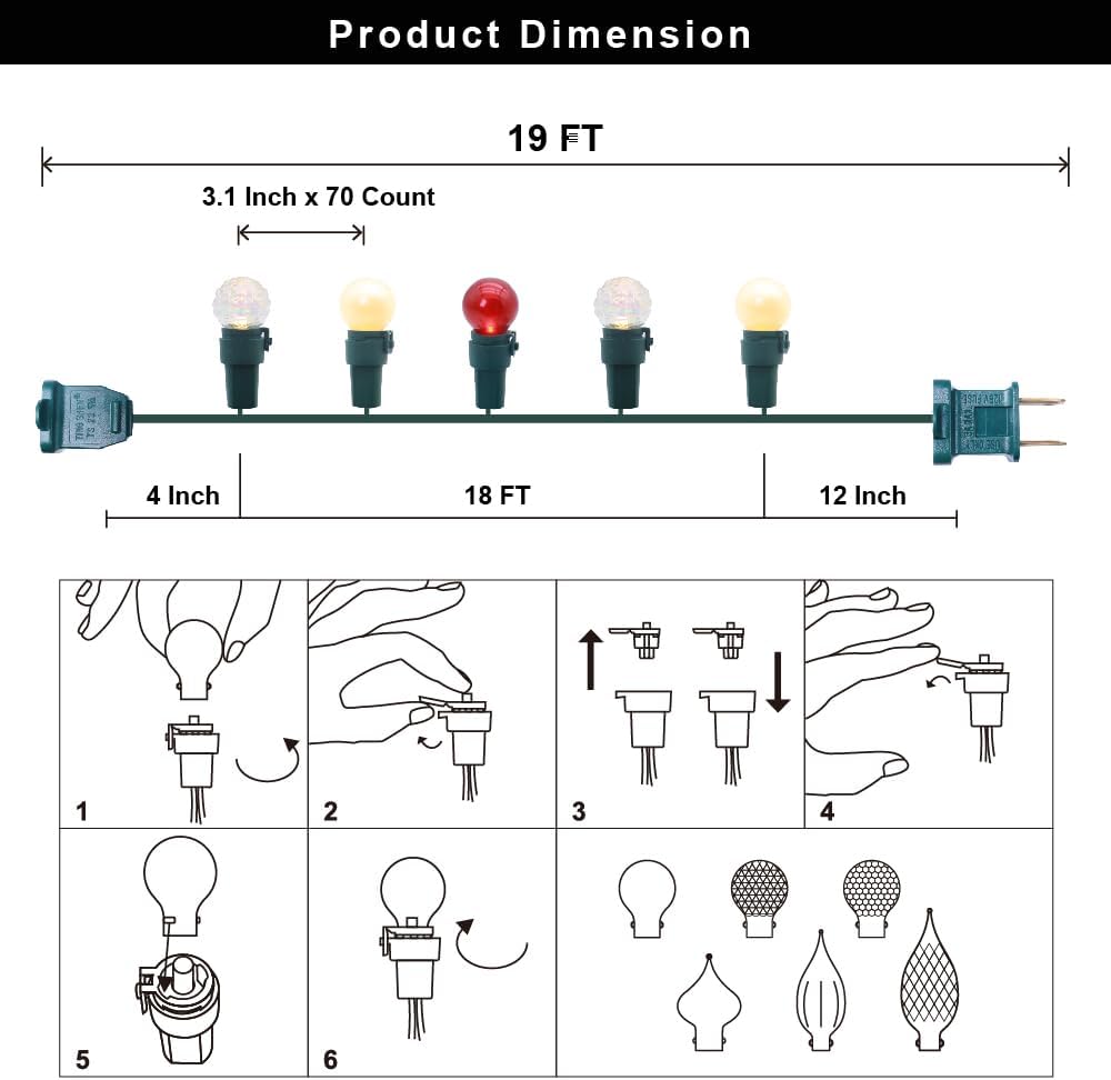 G15 Pearlized Red White Christmas Lights - 19Ft 70 LEDs Waterproof Connectable LED String Lights Indoor/Outdoor Globe Lights for Tree, Halloween Decoration, Holiday Party