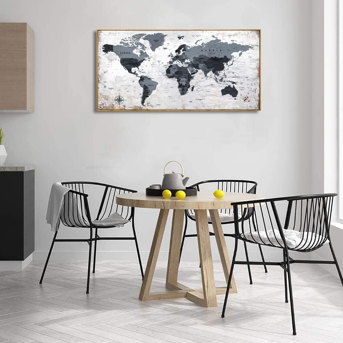 Framed wall art World Map Wall Art Canvas Picture 24inchx48inch Large Black and white Map of The World Canvas Painting Artwork Prints for Office Wall Decor Home Living Room Decorations Framed Ready to