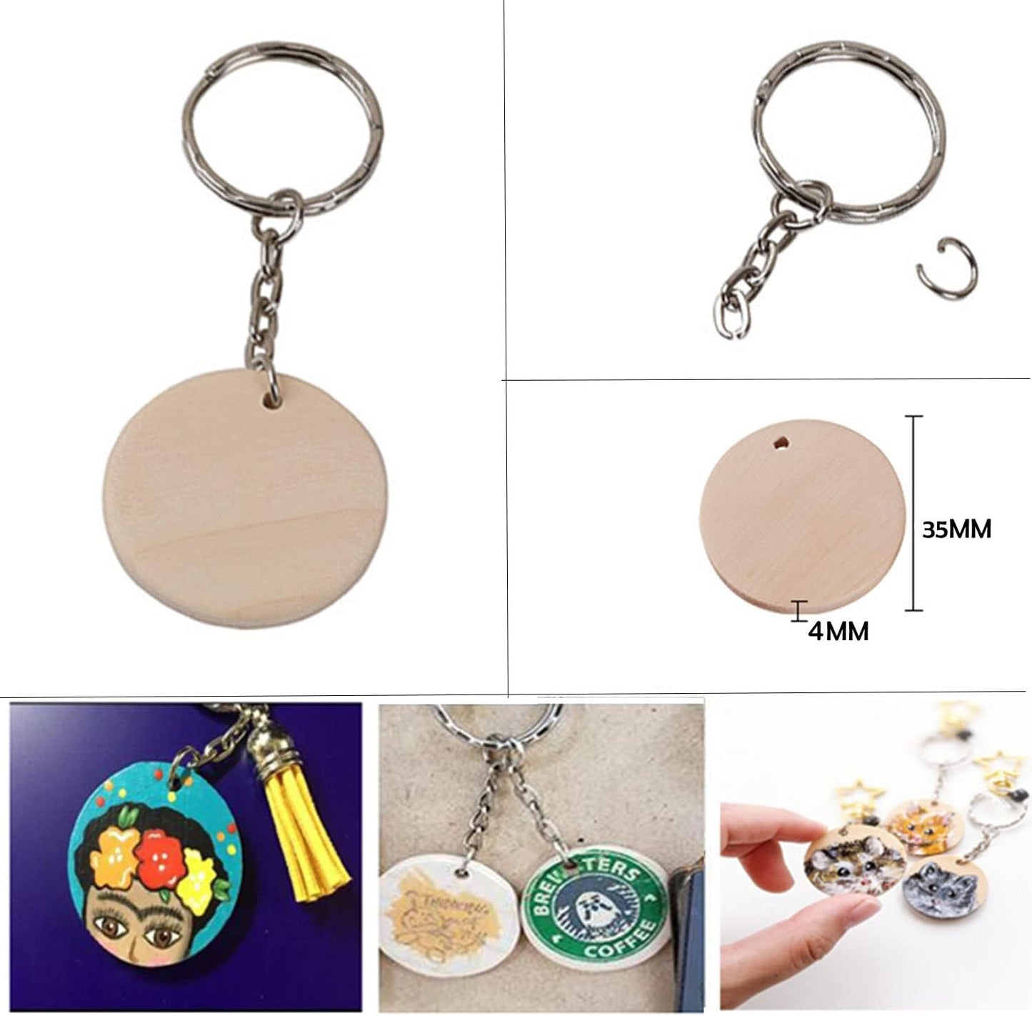 50Pcs Round Wood Circles with Keychain,Blank Round-Shaped Wooden Keychain Set with 50Pcs Wood Blanks,50 Pcs Keychain Rings with Chain,50Pcs Open Jump Rings for DIY Crafts Decorations Ornaments