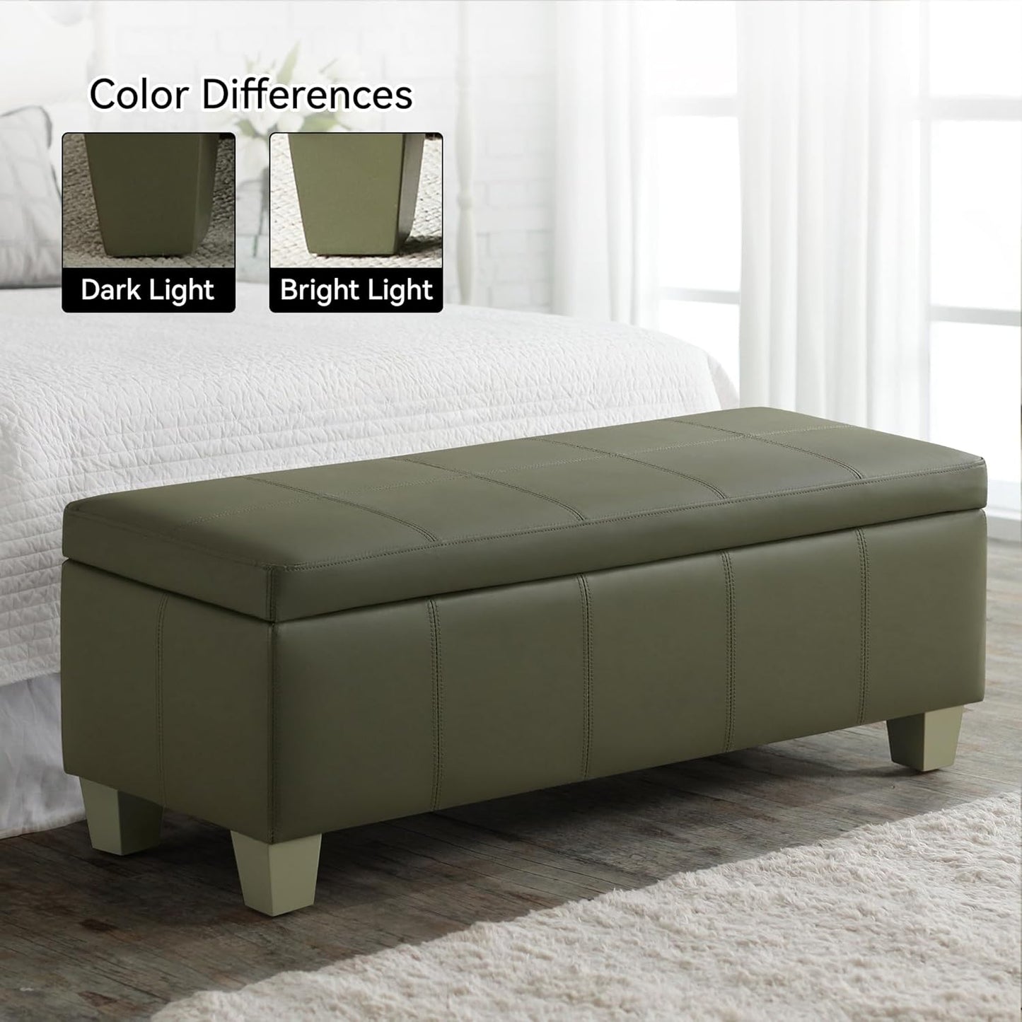 51" Faux Leather Storage Ottoman, Stitch Tufted Rectangle Upholstered End of Bed Storage Bench, Entryway Large Couch Ottoman with Wooden Legs,Green