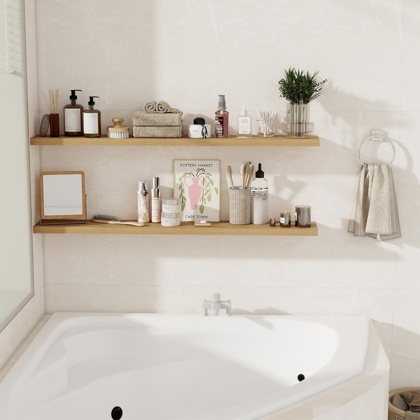 Fun Memories 48 Inch Floating Shelves for Wall, Set of 2 – Rustic Wood Wall-Mounted Shelves with Invisible Brackets for Bedroom, Bathroom, Kitchen – Storage, Books, or Decor, Oak