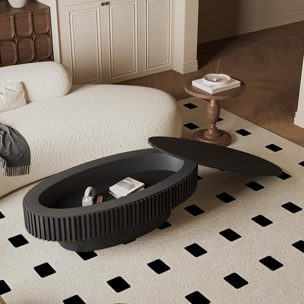 47.2''Oval Coffee Table with Storage, Mid Century Modern Fluted Drum Center Tables with Lid, Solid Wood Side Pedestal Coffee Table Tea Table for Living Room, Bedroom, Apartment-Black