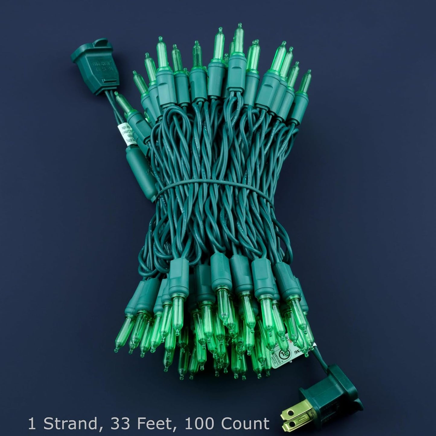 100 One-Piece LED Outdoor String Lights, 33 ft Cord High Waterproof UL Certified T5 Green Christmas Lights