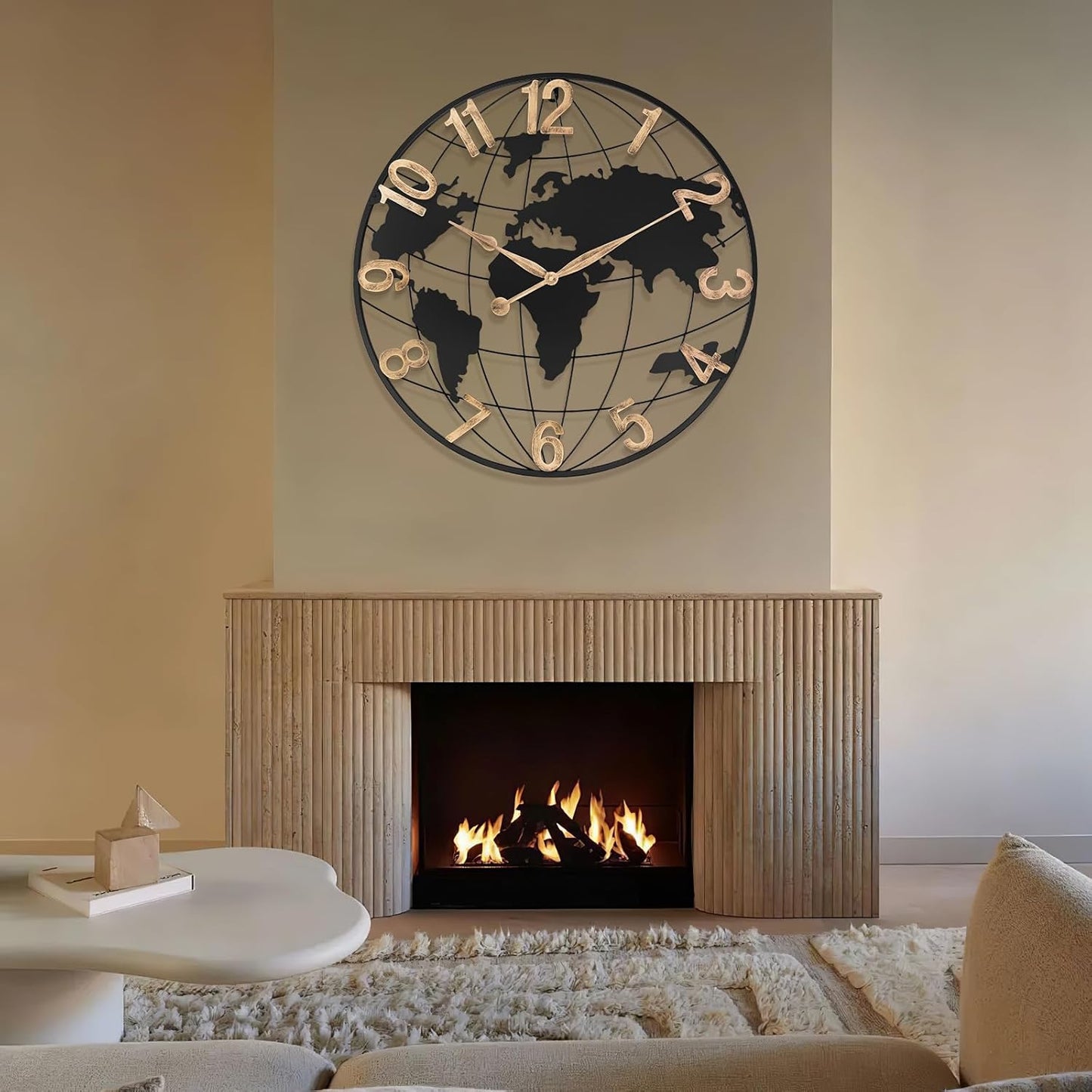 30 Inch Extra Giant Large Wall Clock Oversized,Black Big Metal Modern Decorative Silent World Map Wall Clock with Vintage Gold Arabic Numeral for Office,Living Room,Kitchen,Dining Room Decor