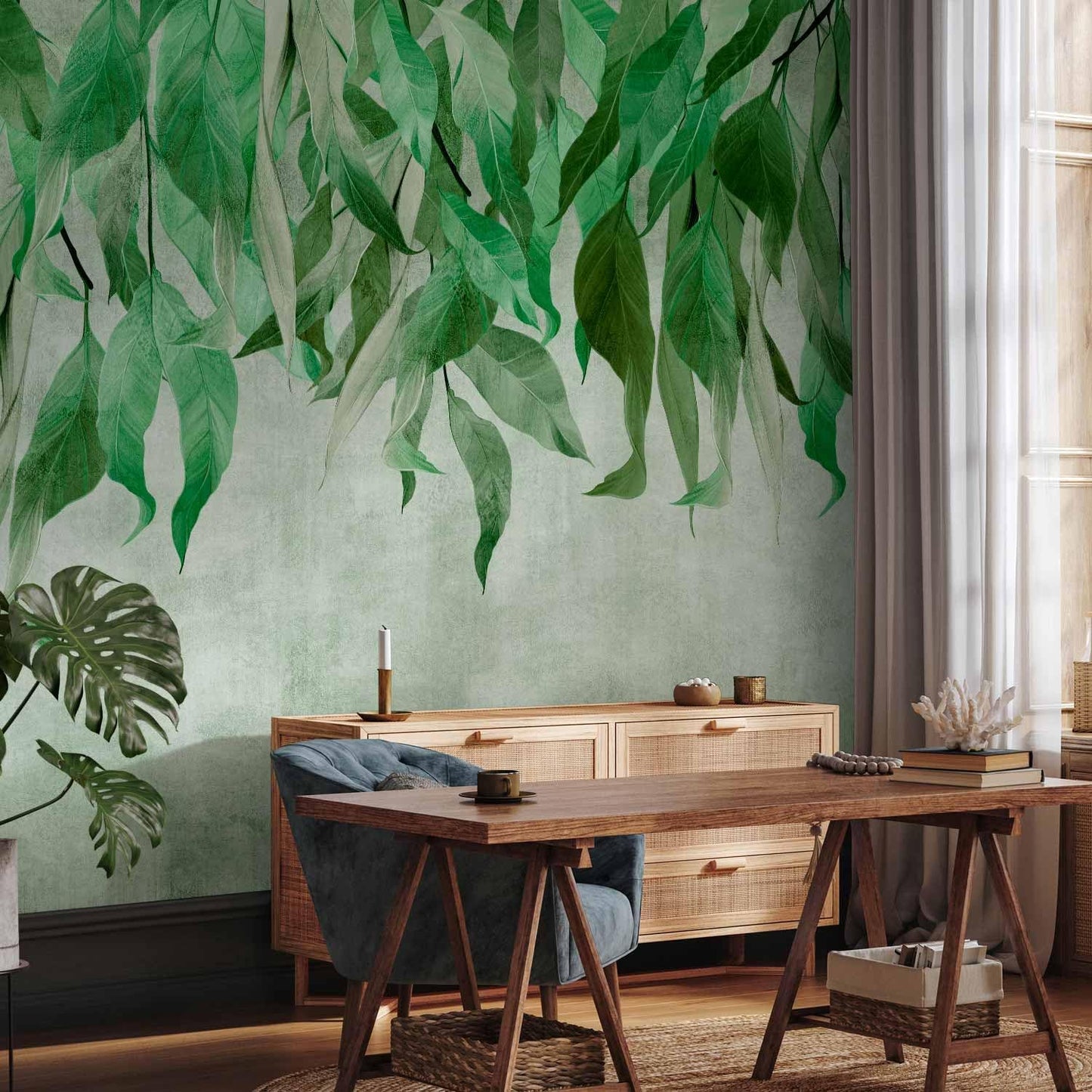 artgeist Wall Mural Hanging Leaves 177x124 in - Non-Woven Wallpaper Fleece Wall Decor Photo Print Picture Image Design Nature Botanical Concrete Green Like Painted b-C-10146-a-a