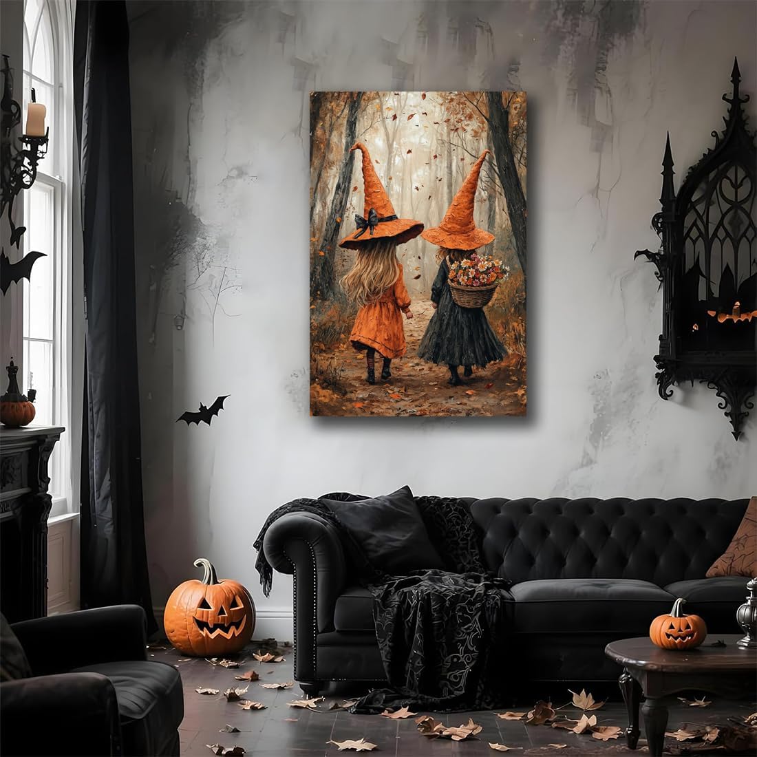 Fall Wall Art Witch Picture Decor,Little Girl Witch Halloween Wall Art, Vintage Autumn Whimsical Woodland Forest Picture, Family Room Nursery Playroom Children Room Decoration,20"x30" Unframed