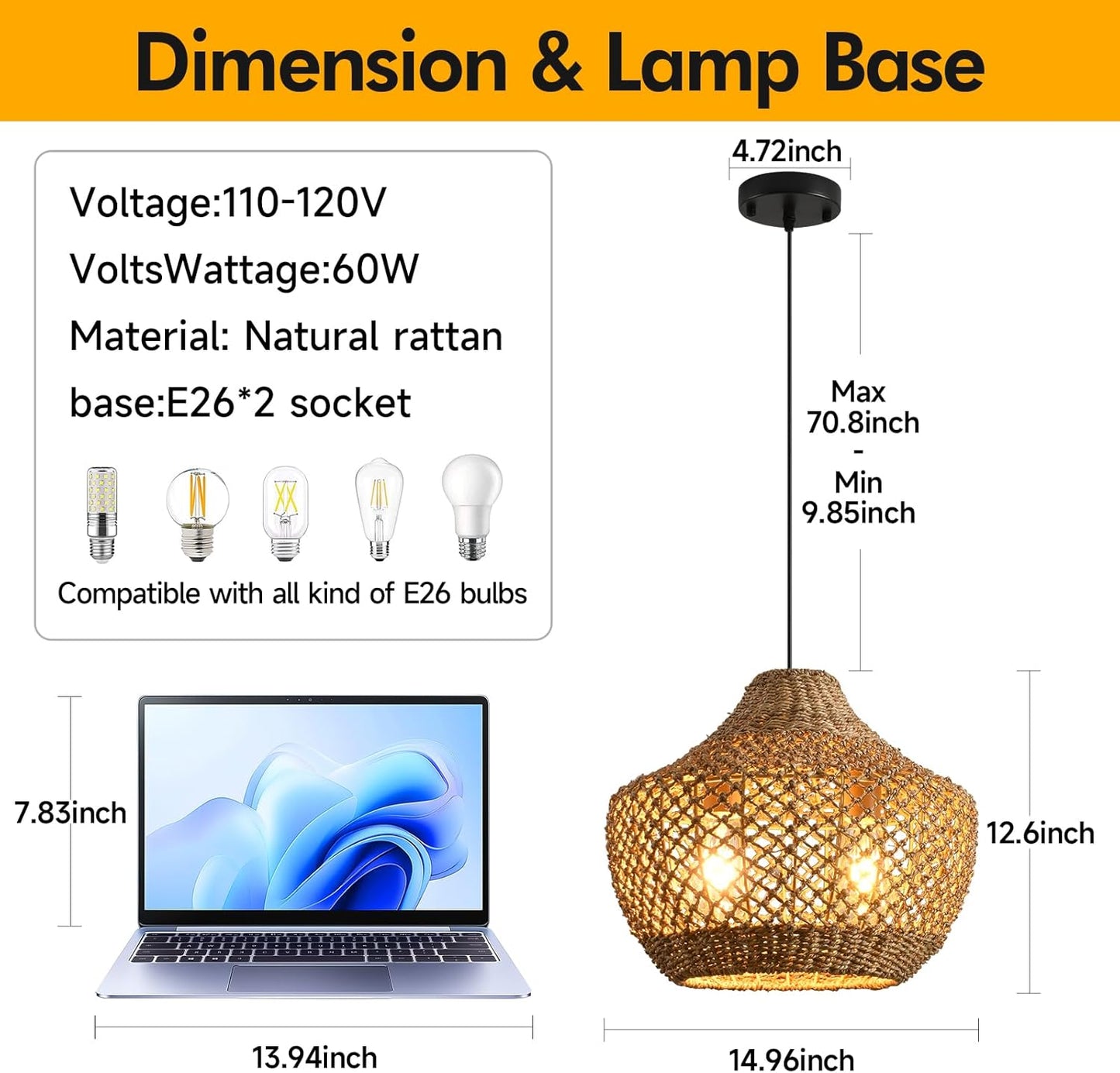 14.96” Rattan Chandelier,2- Light Boho Wicker Pendant Lights, Handmade Woven Suspension Farmhouse Ceiling Fixture for Kitchen Island Bedroom Living Room