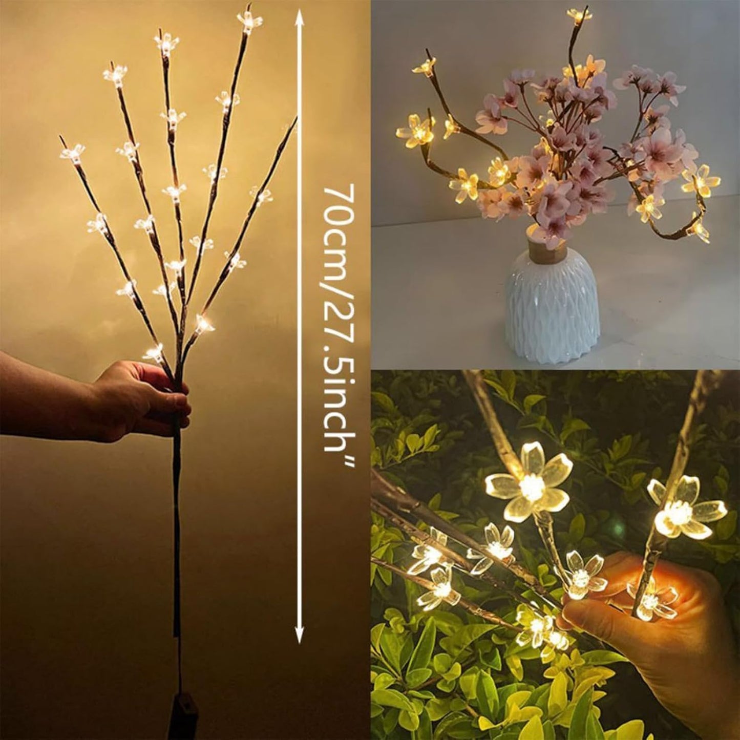 3Pack Battery Lighted Cherry Blossom Branches Lights with Clear Plastic Bag for Hanging Decor, 27.5inch 60 LED Flower Lamp Twig Sticks for Vase Filler of Home Christmas Valentines Day Decoration
