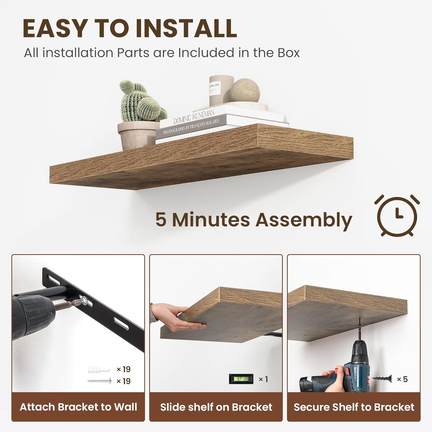 48 Inch Floating Shelves, 12 Inch Deep Floating Shelves for Wall, Floating Shelf with Invisible Brackets, Deep Wall Shelves for Bathroom, Bedroom, Living Room, 1 Pack, Brown