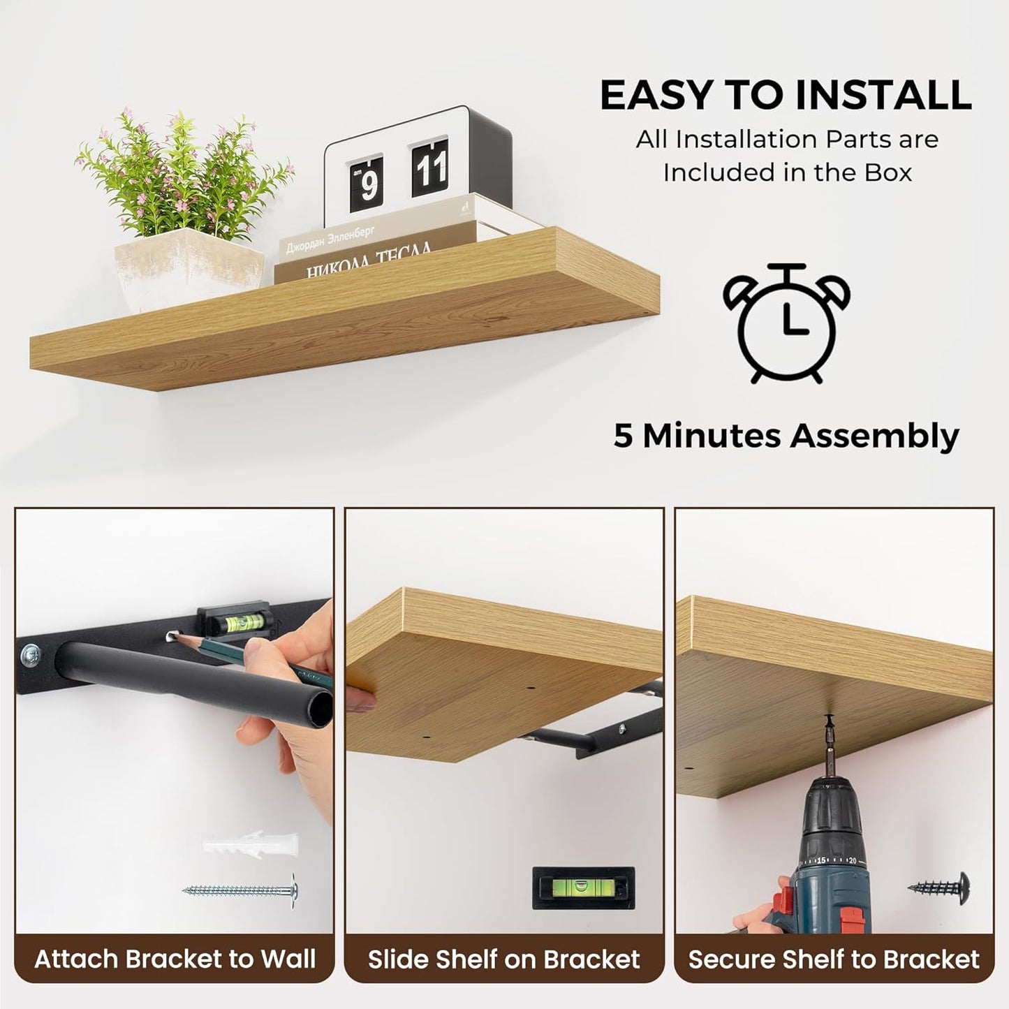 24 inch Floating Shelves Long Floating Shelves for Wall Large Wall Mounted Shelves with Invisible Brackets, Oak Shelves for Bathroom, Living Room, Kitchen, Office, 24x6.7 inch deep Set of 2