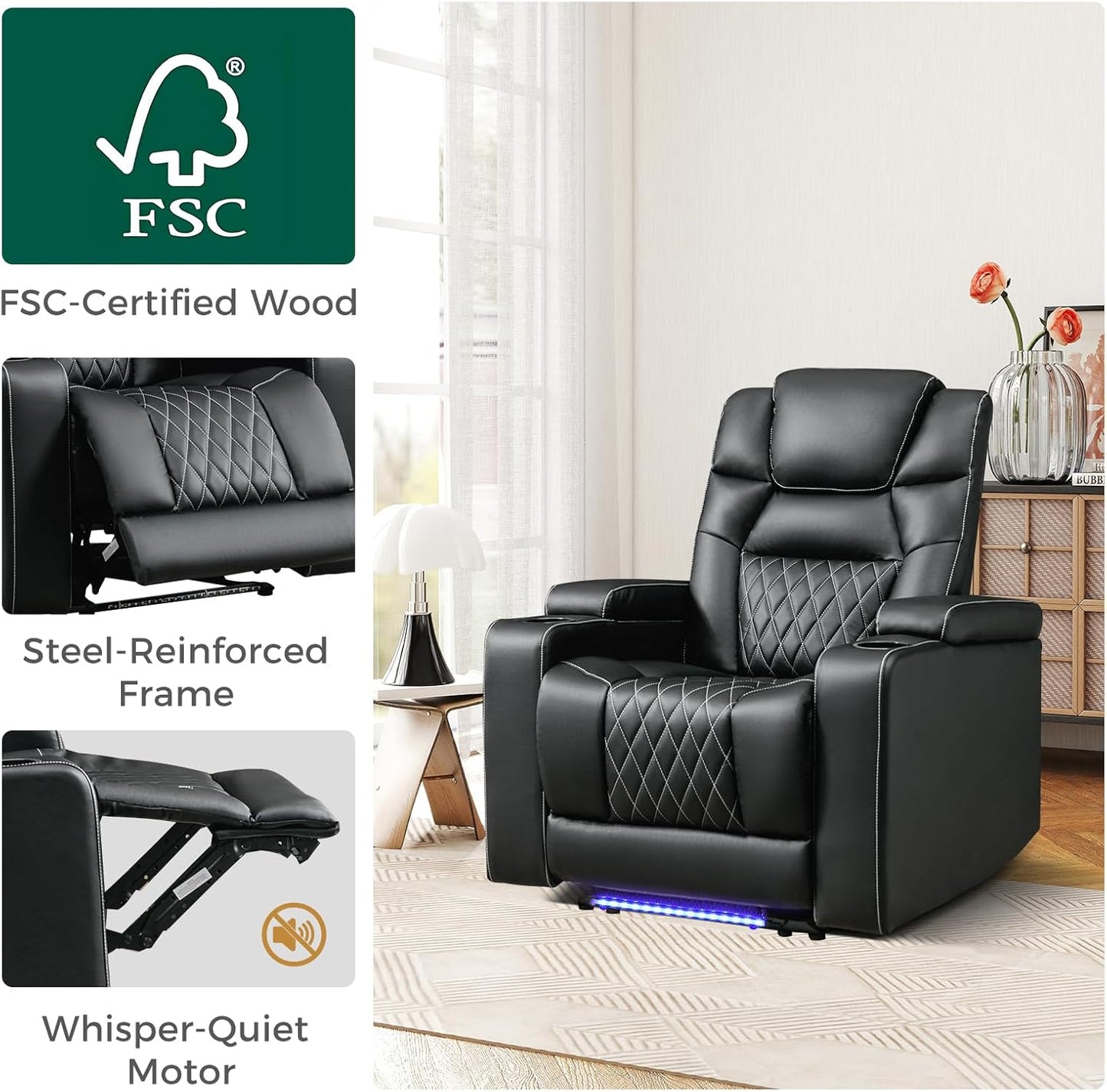 ANJ Power Recliner Chair with USB Port, Electric PU Leather Home Theater Seating for Living Room, Movie Reclining Chairs with Blue Ambient Lighting, Hidden Arm Storage, Cup Holders (Black)