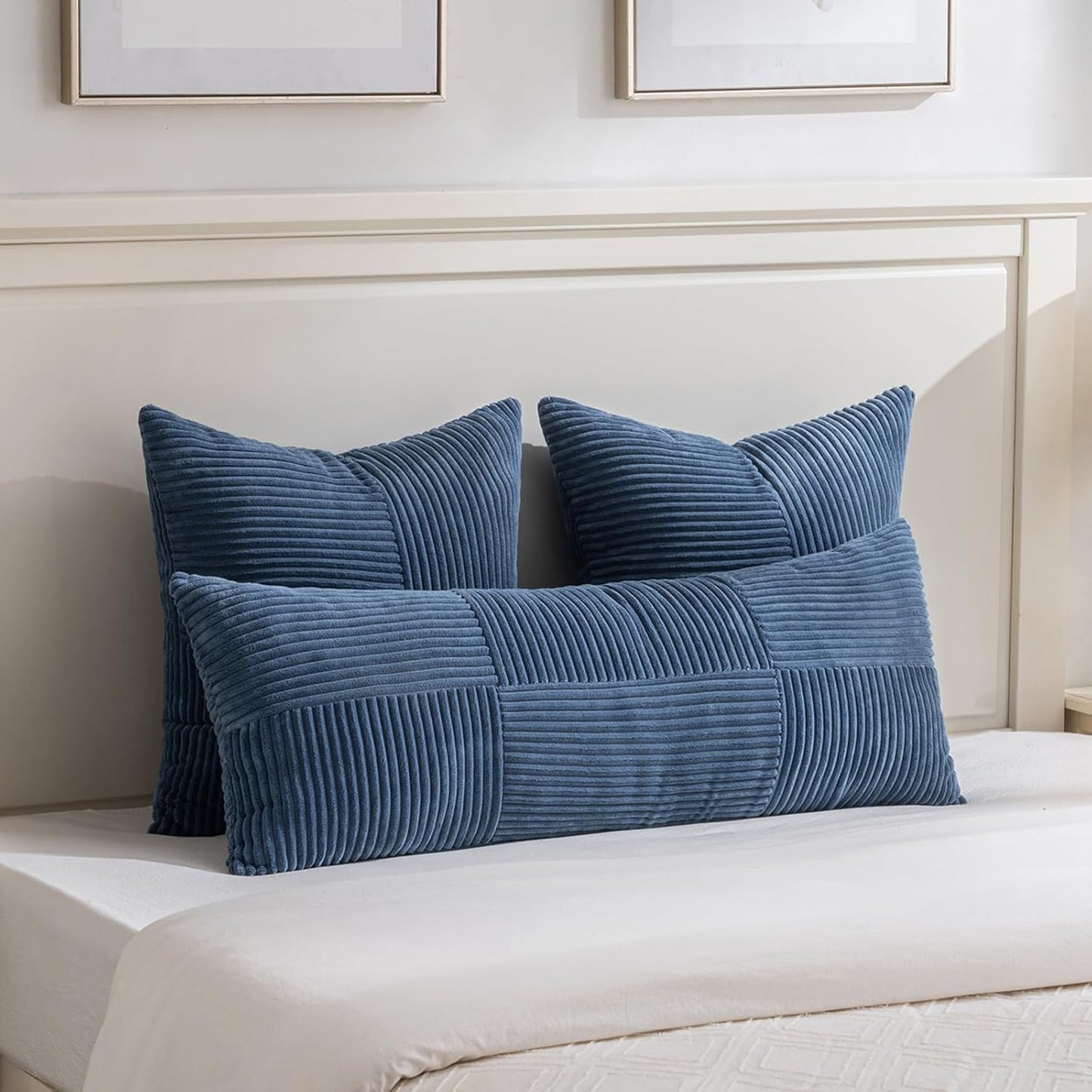 Fancy Homi 2 Packs Dusty Blue Euro Decorative Throw Pillow Covers 28x28 Inch for Couch Bed, Rustic Farmhouse Boho Home Decor, Soft Corss Corduroy Patchwork Textured Square Cushion Case 71x71 cm