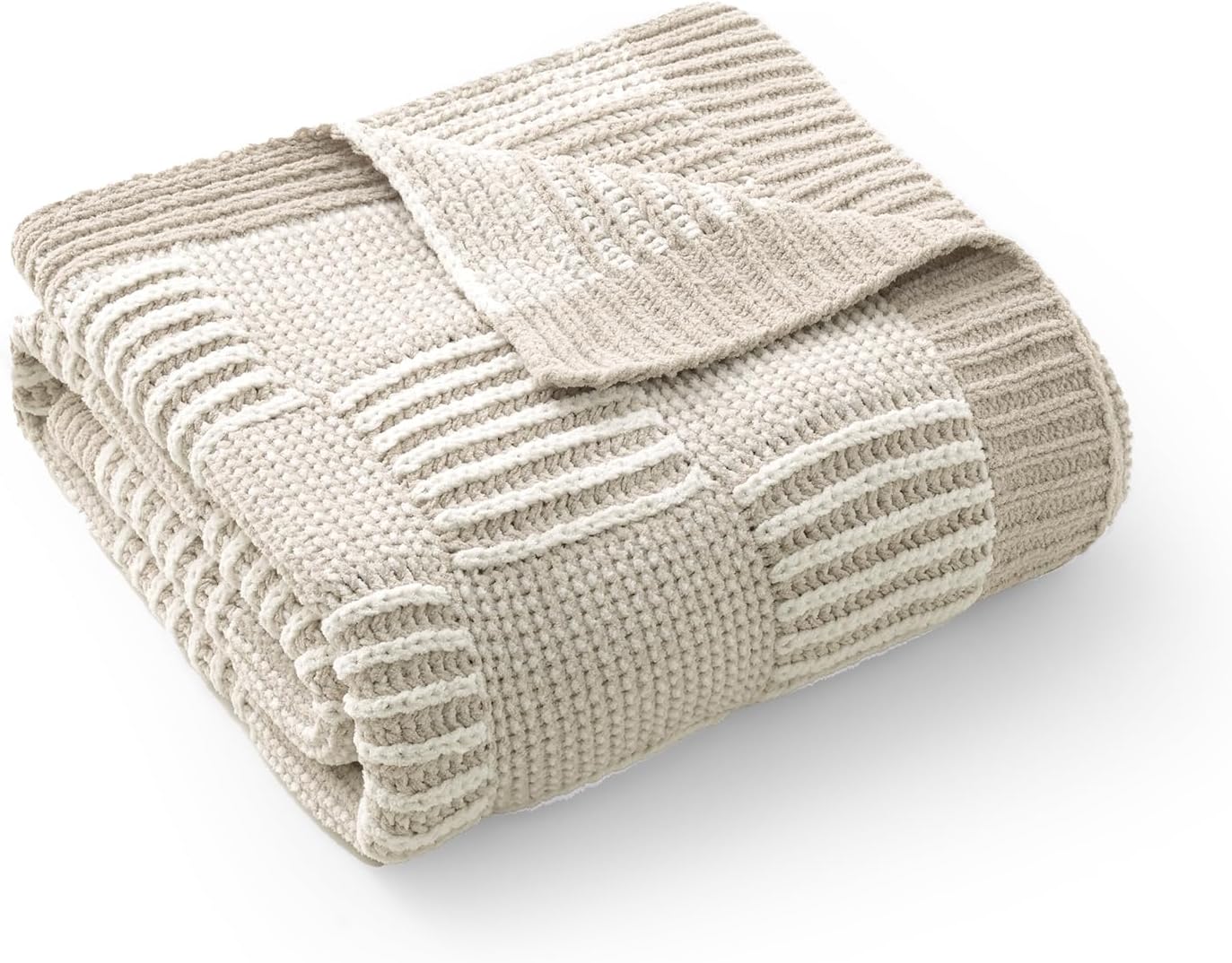 Amélie Home Chenille Knit Throw Blanket for Couch, Checkered Texture Decorative Soft Blanket for Sofa, Bed & Living Room, 50"x60", Khaki & White