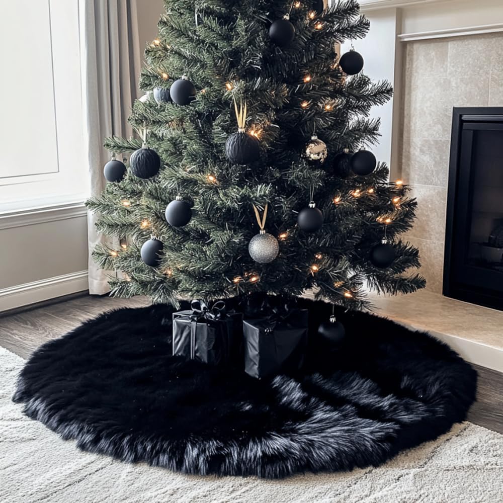AISENO 72 Inch Christmas Tree Skirt - Black Faux Fur Plush Holiday Decor for Xmas Tree, Festive Party, Home Decorations