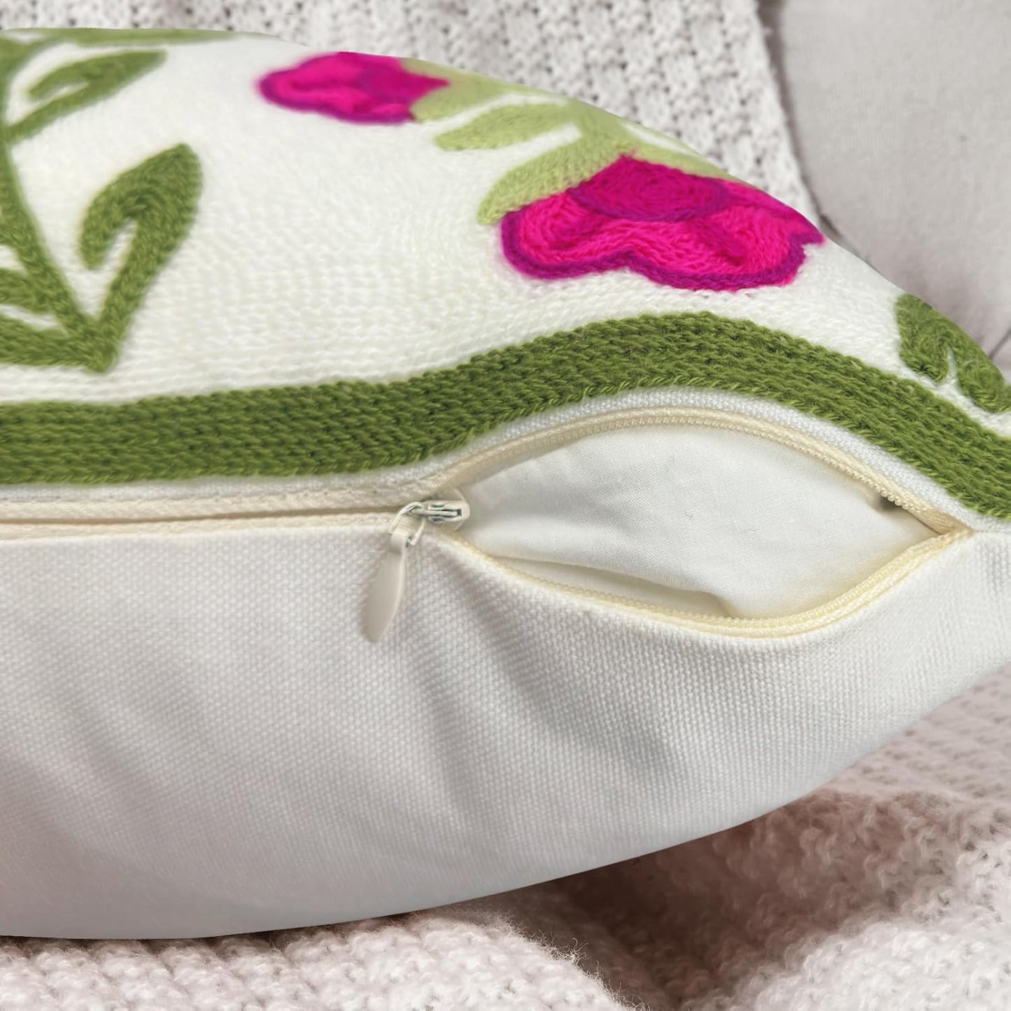 Alysheer Summer Decorative Throw Pillow Covers 18"x 18" Set of 2, Floral Embroidered Farmhouse Hot Pink Flowers Green Vine Patterned Cotton Canvas Cushion Case for Sofa Couch Bed Living Room Decor