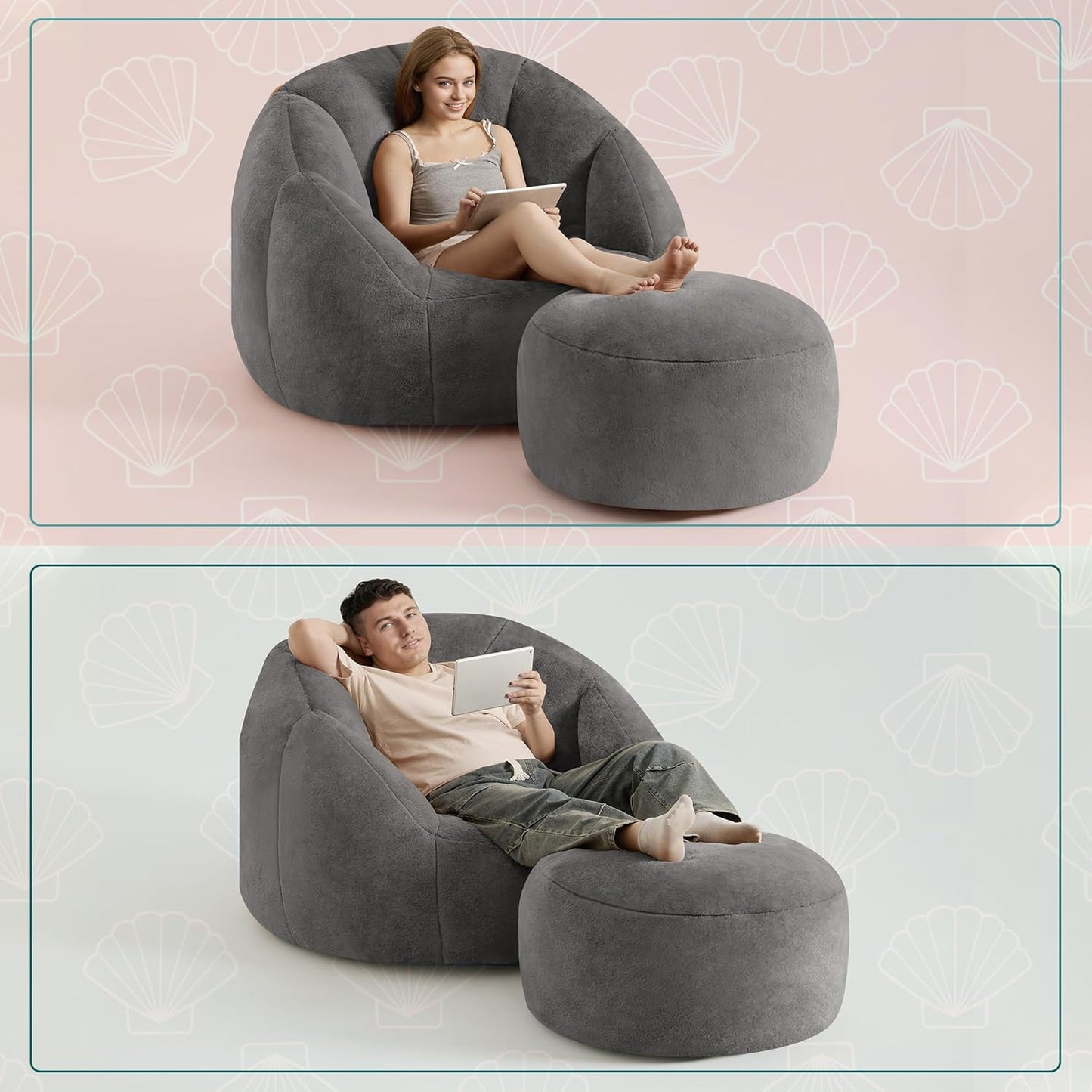 Giant Bean Bag Swivel Chair for Adults - Comfy Plush Round Shell Soft Accent Chaise Lounge Indoor Reading Chair, Oversized Cozy Floor Sofa for Living Room, Bedroom & Game Rooms, Dorm, Gray