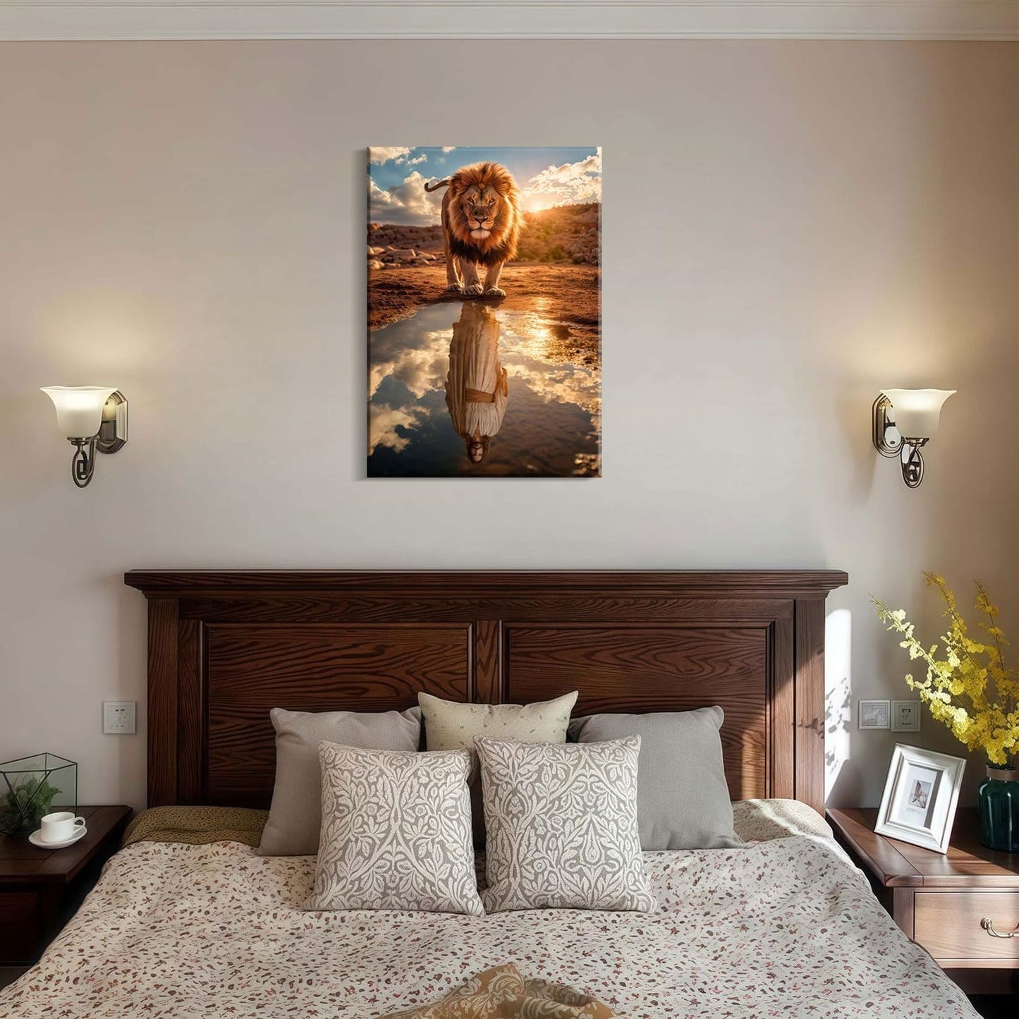 Framed Canvas Wall Painting Lion and Jesus Reflection Religious Poster Inspirational Faith Gallery Picture Print for Living Room and Bedroom Decor 24x36 Inch Ready to Hang