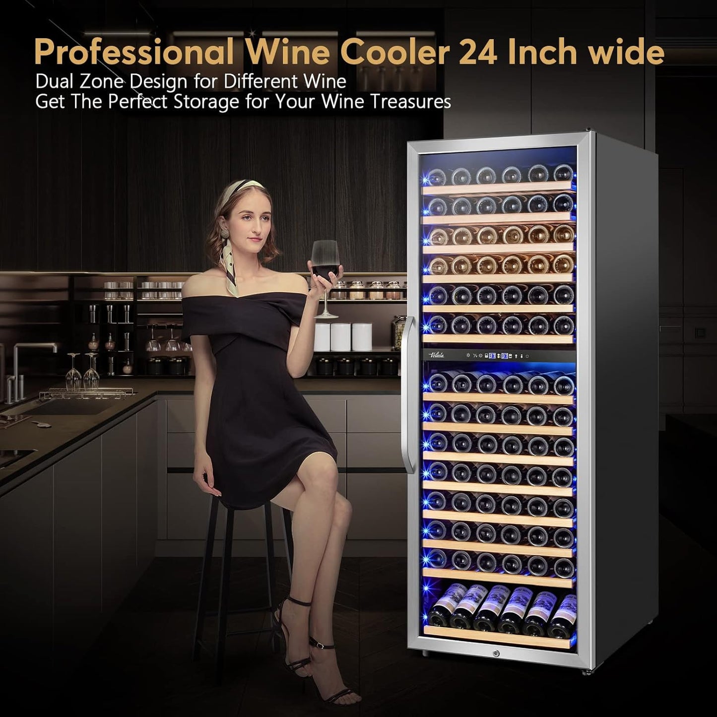 24 Inch Wine Cooler Fridge Dual Zone, Professional Large Capacity High Wine Refrigerator with Powerful Compressor, Quiet Operation and Elegant Design-KMHJ408D