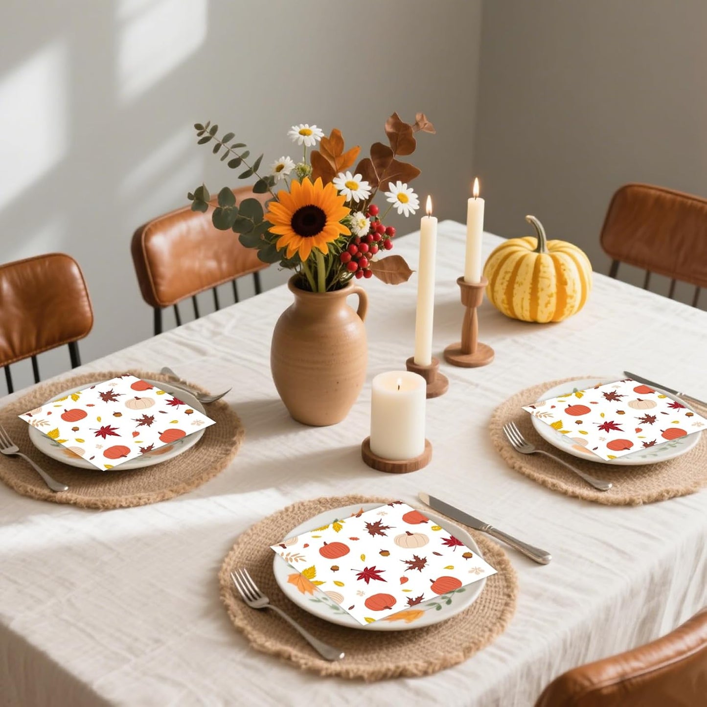 50 Pcs Fall Napkins 5 x 5 inch, 3 Ply Pumpkin Maple Leaves Paper Napkins Disposable Holiday Cocktail Napkins for Dinner Bathroom Autumn Thanksgiving Party Decorations (Fall)