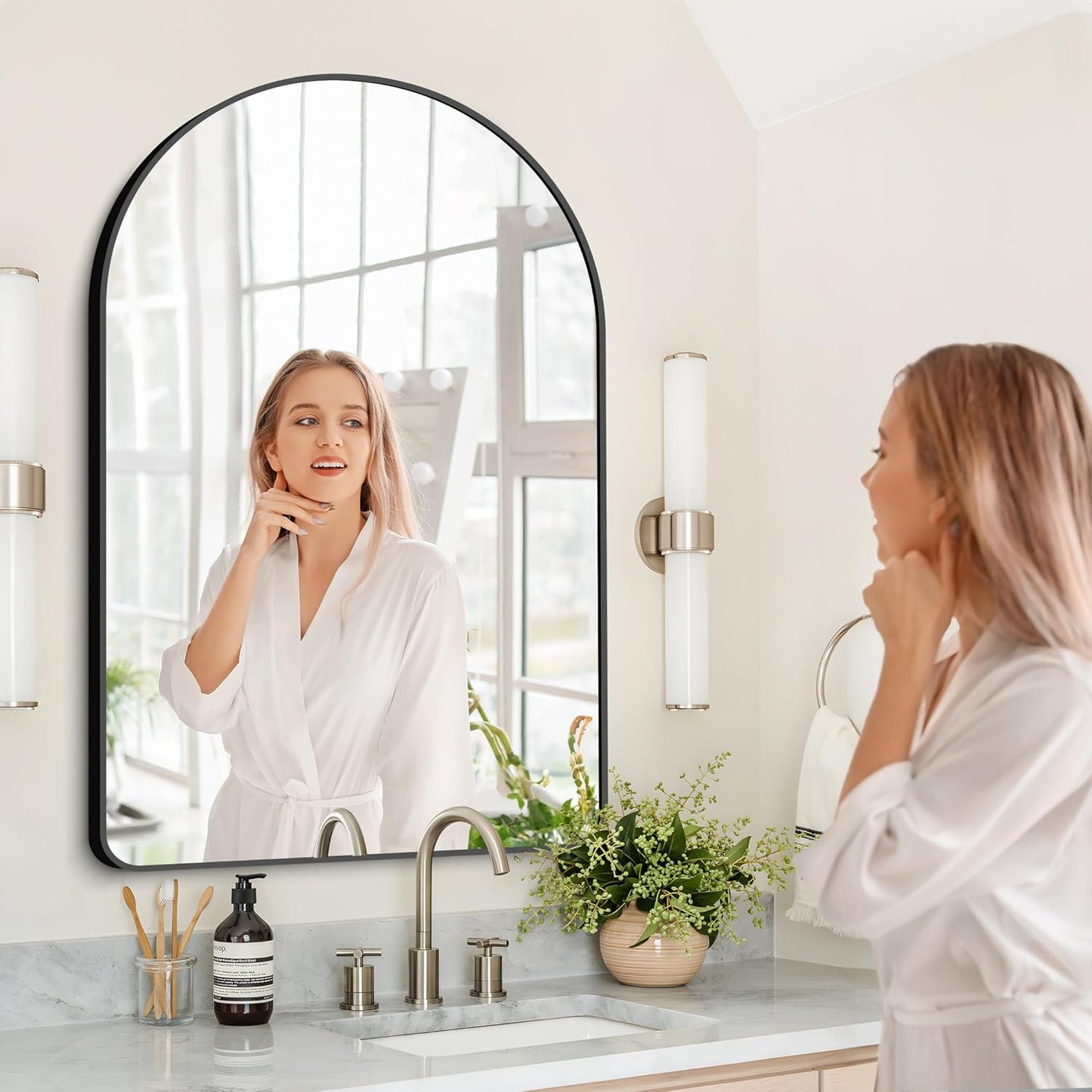 Arched Bathroom Mirror, 32"x48" Black Arched Mirror for Bathroom, Wall Mounted Mirror, Black Vanity Wall Mirror w/Metal Frame for Bedroom, Entryway, Living Room, Hanging or Leaning Against Wall