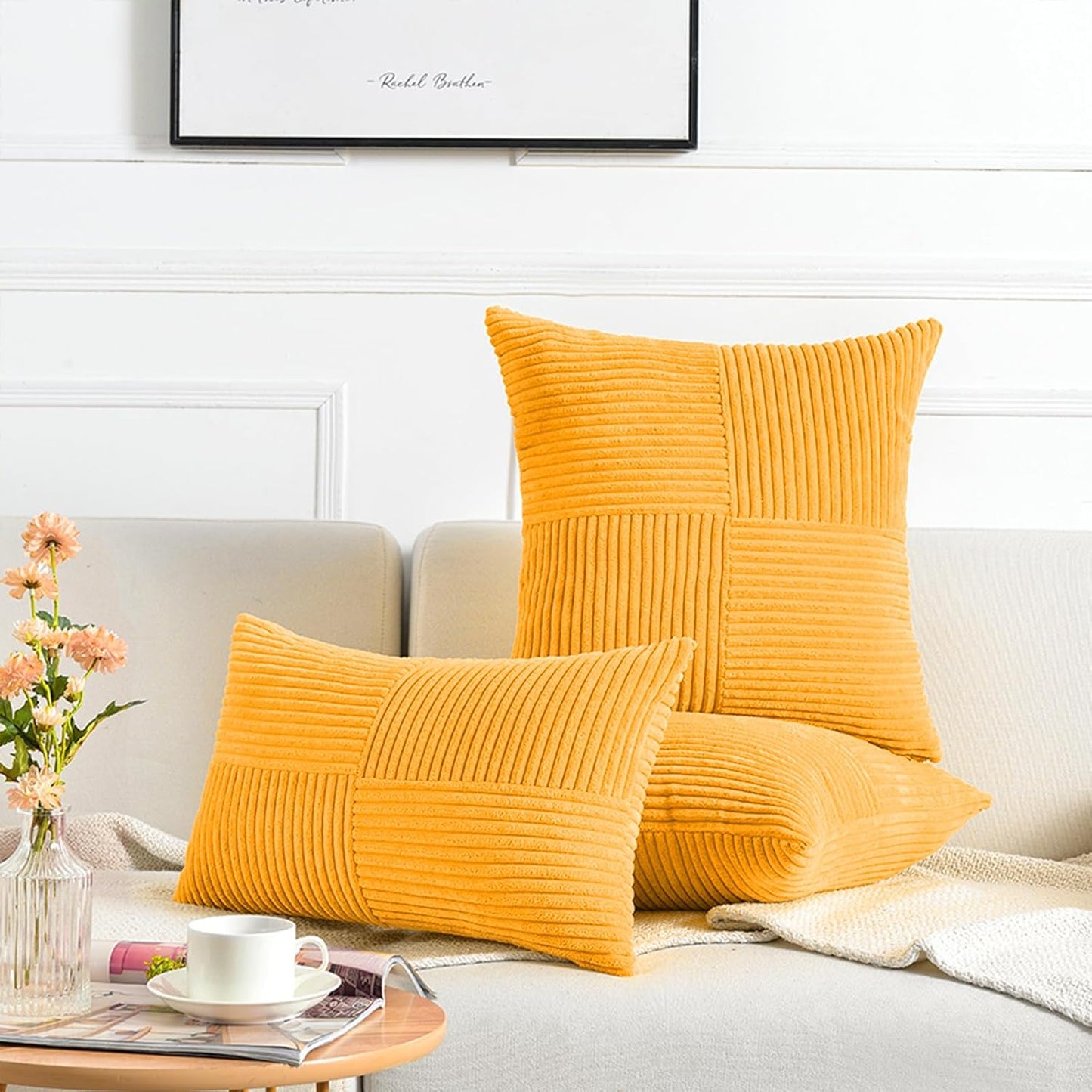 Fancy Homi 2 Packs Gold Yellow Lumbar Decorative Throw Pillow Covers 12x20 Inch for Couch Bed Sofa, Rustic Farmhouse Boho Spring Home Decor, Soft Striped Corduroy Rectangle Accent Cushion Case 30x50cm