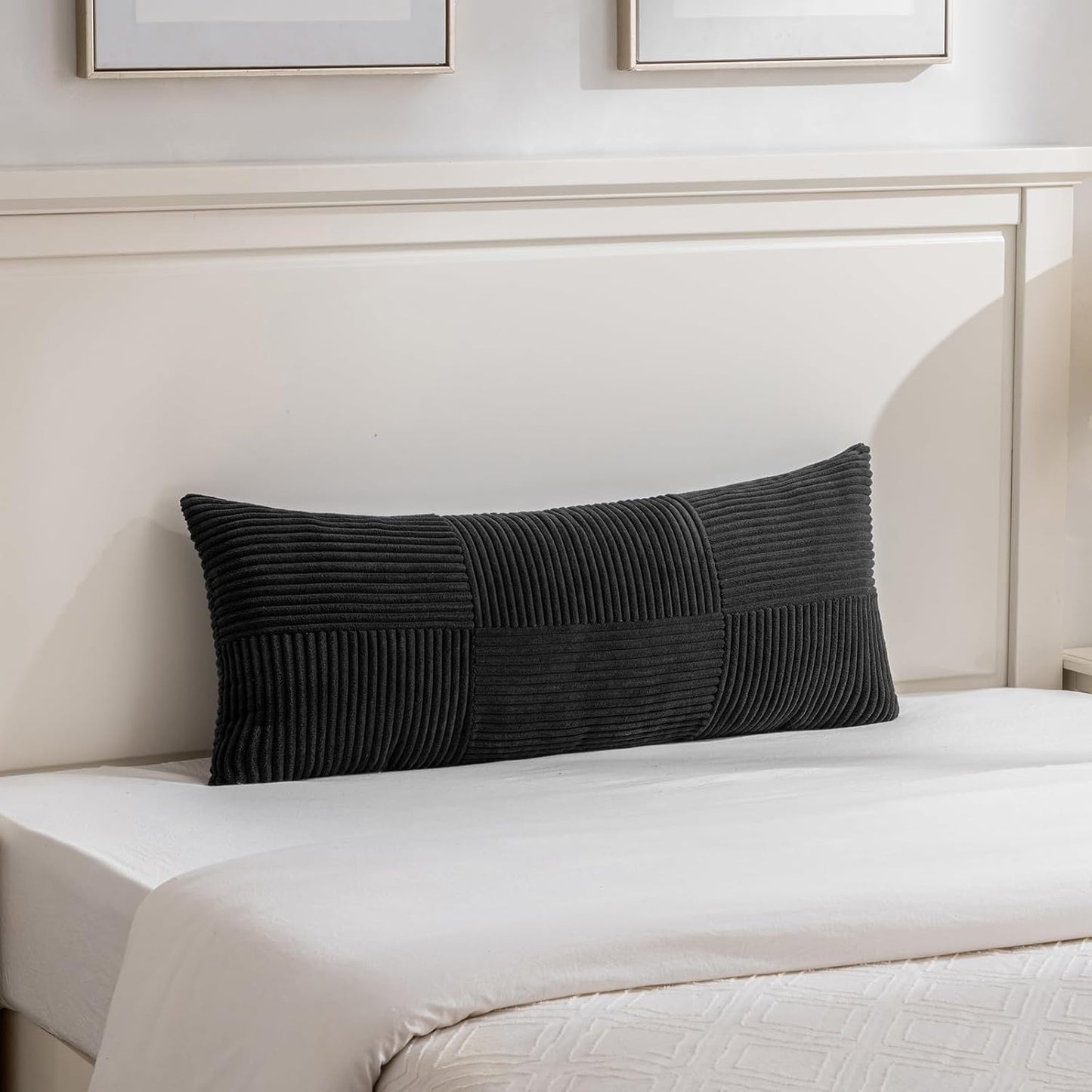 Fancy Homi Set of 2 Black Boho Long Lumbar Body Decorative Throw Pillow Cover 14x36 Inch for Bed Couch Bedroom Bench, Soft Patchwork Corduroy Textured Pillow Case, Rustic Farmhouse Room Décor