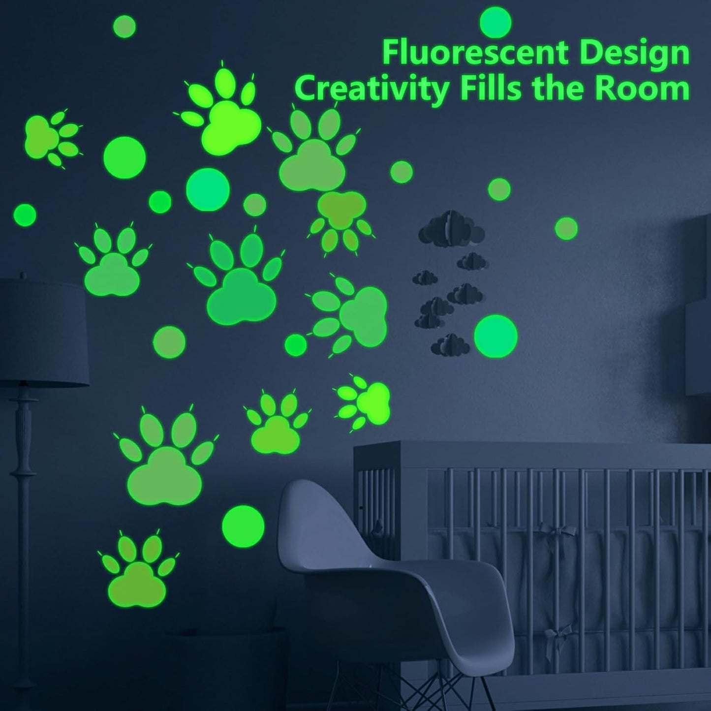 Glow in The Dark Paw Print Stickers, 128 PCS Luminous Colorful Dog Paws Wall Decals for Kids' Bedroom, Nursery, Playroom & Party Room Decor