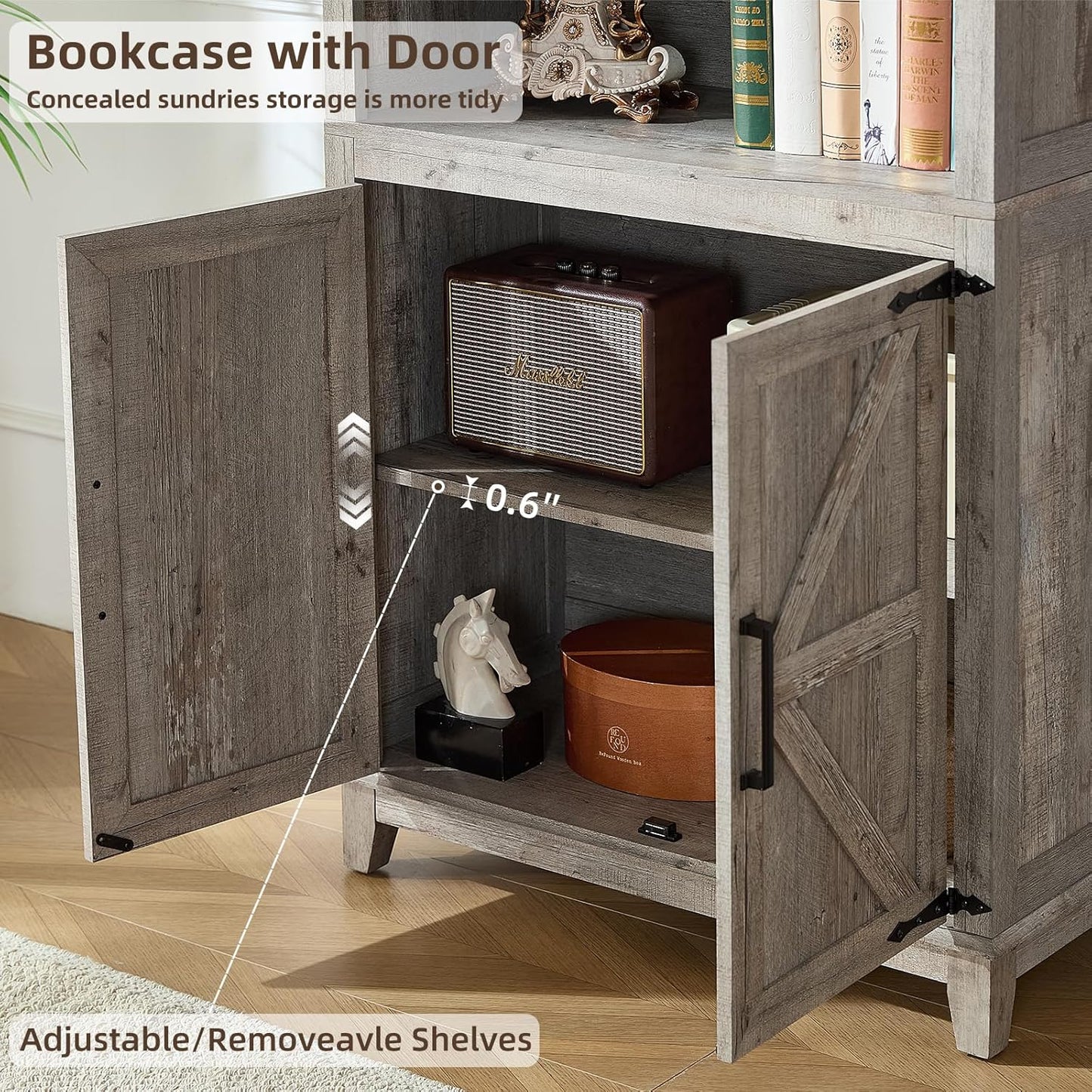 5 Tier Bookshelf 70in Tall Bookcase with Barn Doors and Storage Cabinet, Grey Farmhouse Book Shelf with Adjustable Shelves, Wood Freestanding Display Bookshelves for Bedroom, Kitchen (3PCS)