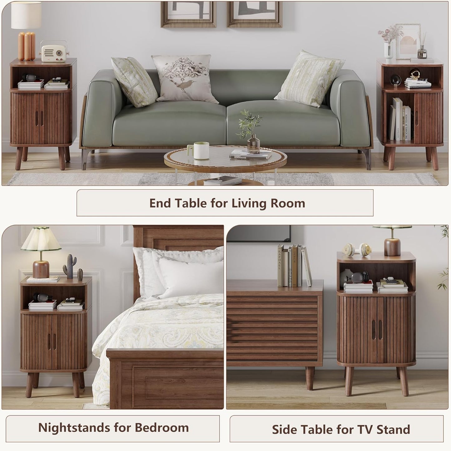 Alohappy Fluted End Table Set of 2, Mid Century Modern Nightstand with Sliding Tambour Door, Curved Round Edge Wood Bedside Table for Bedroom, Side Tables with Storage for Living Room, Walnut