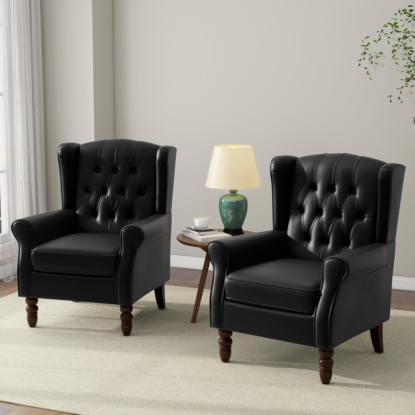 Accent Chair, Upholstered Armchair with Button Tufted High Back & Solid Wood Legs, Comfy Wingback Reading Single Sofa Chair for Small Spaces, Living Room, Bedroom (Leather Black, Set of 2)