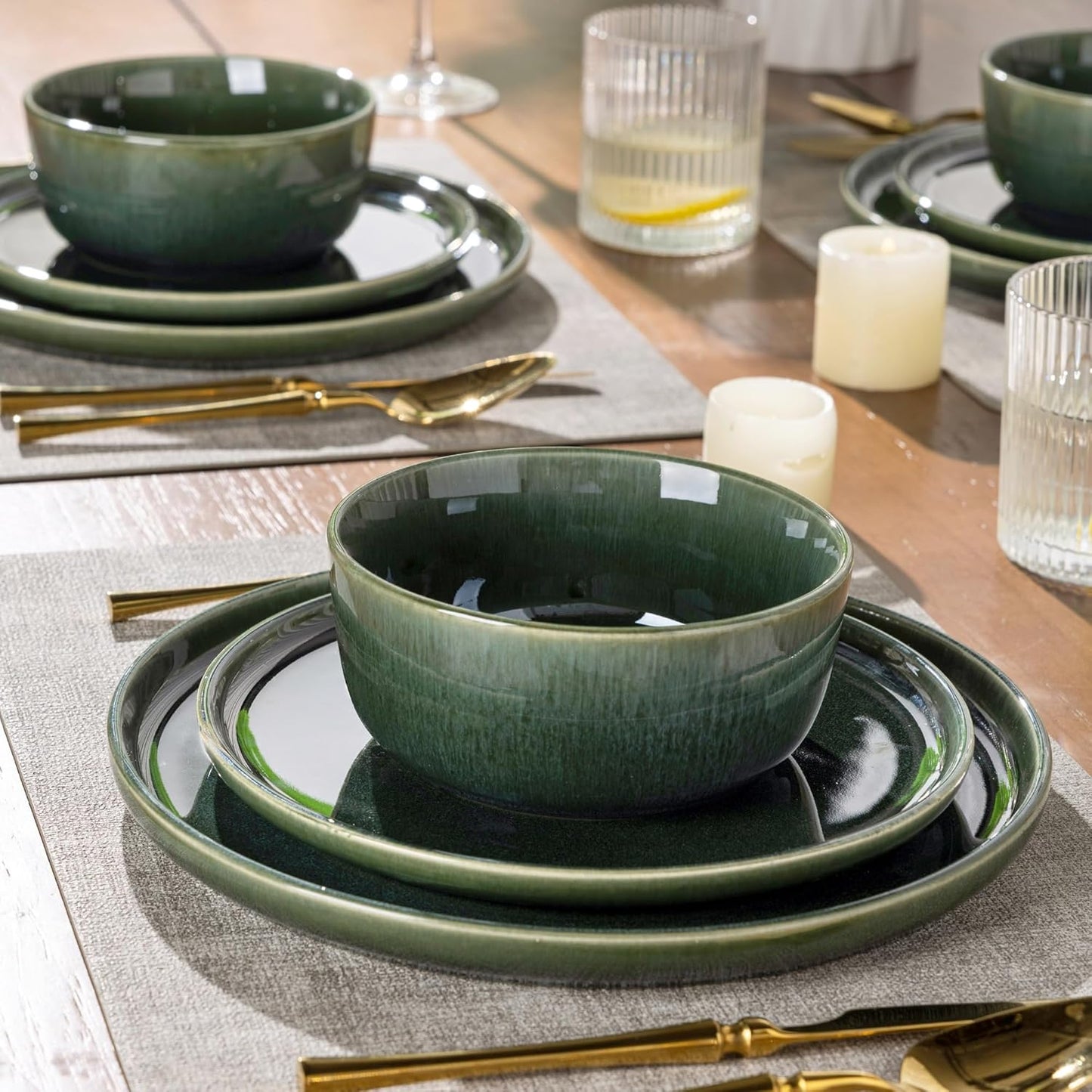GBHOME Ceramic Dinnerware Sets for 4, 12 Pieces Stoneware Plates and Bowls Sets, Scratch Resistant Dishes, Dishwasher & Microwave Safe, Reactive Glaze-Earth Green