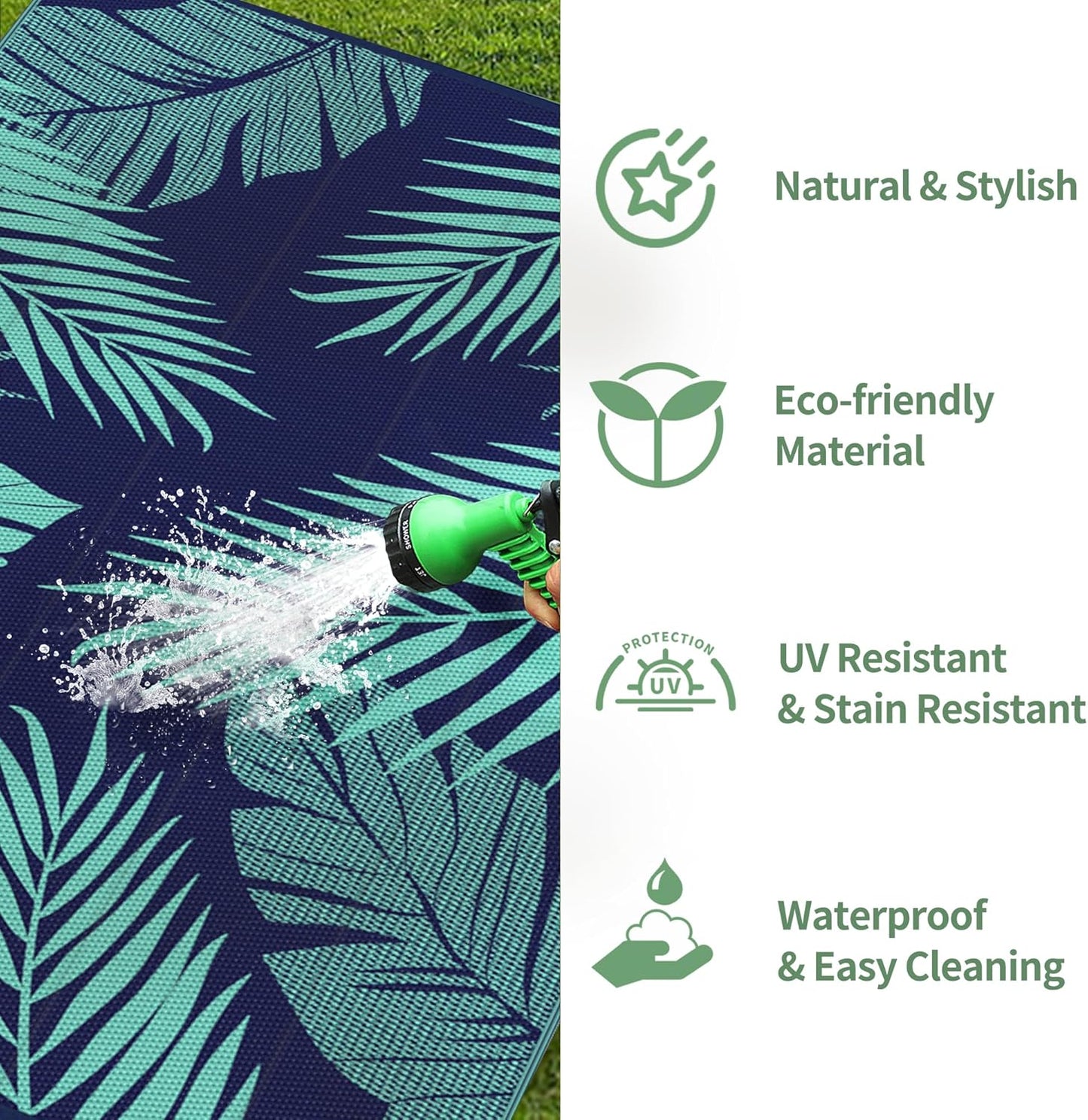 GENIMO Outdoor Rug 6' x 9' Waterproof for Patios Clearance, Reversible Outdoor Plastic Straw Camping Rug Carpet, Large Area Rugs Mats for RV, Camper, Deck, Balcony, Porch, Beach, Navy Blue&Jade Green