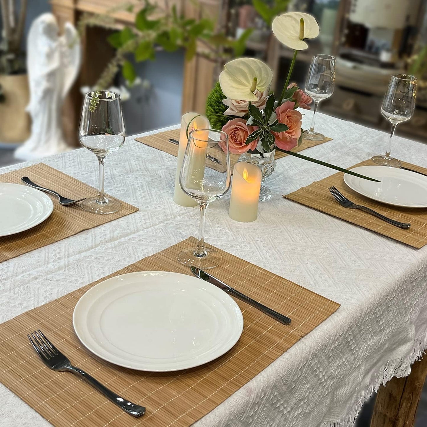 ANDSTAR Bamboo Placemats Set of 6 Non-Slip - 12x18 Inch Waterproof Table Mats for Dining, Eco-Friendly Reusable Dishwasher Safe Kitchen Decor, Thick Heat Resistant Home Accessories (Brown)