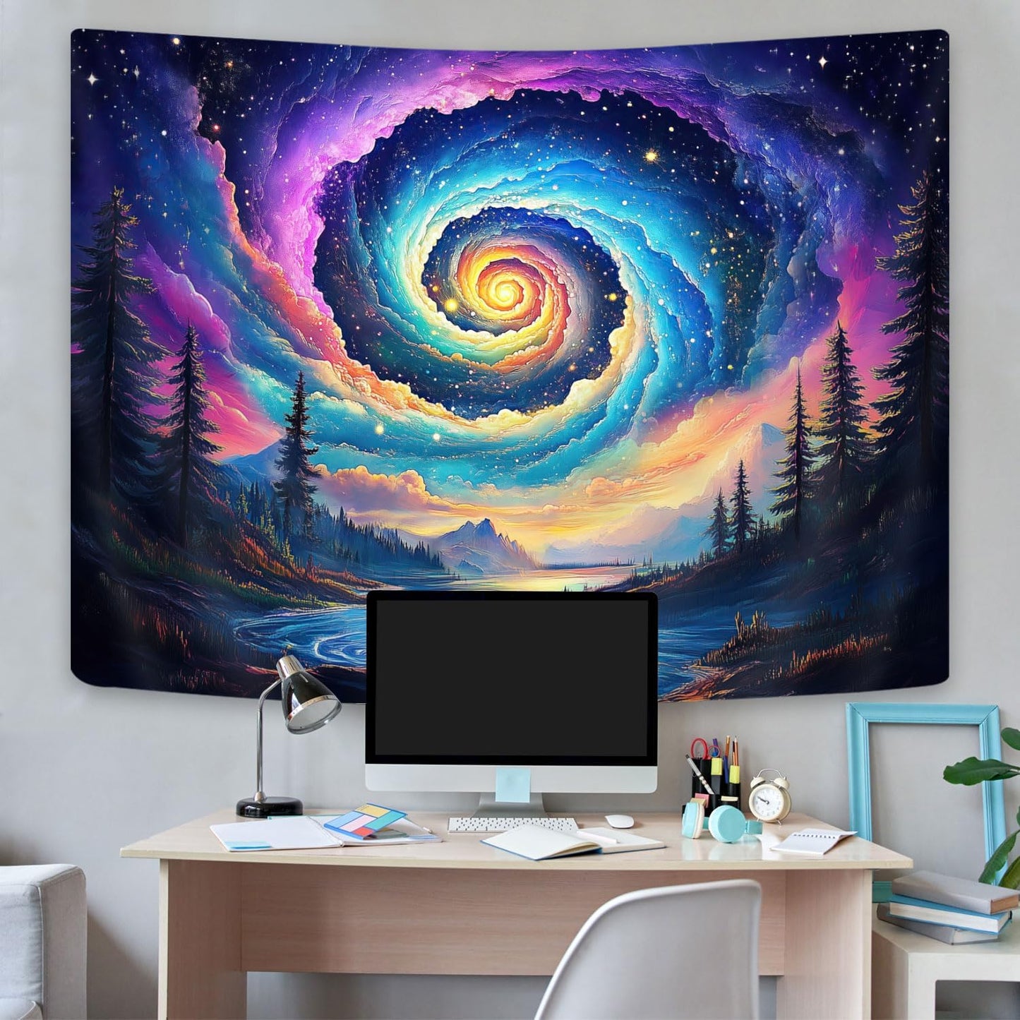 Galaxy Space Tapestry, Cool Colorful Trippy Forest Mountain River Aesthetic Tapestries, Psychedelic Starry Sky Swirls Misty Fantasy Landscape Tapestry Wall Hanging College Bedroom for Guys Men 80X60