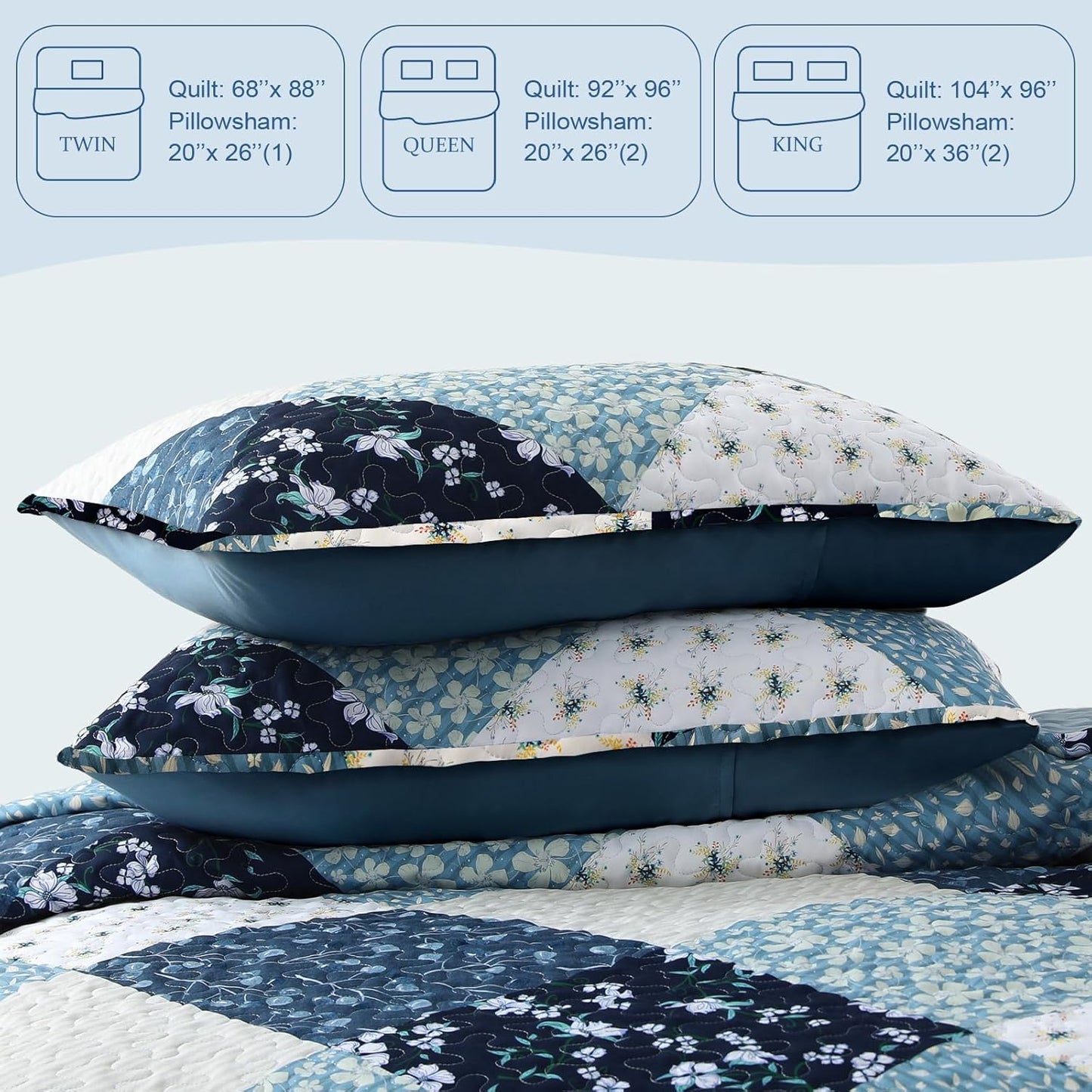 Exclusivo Mezcla Reversible Boho Quilt Set Queen Size, 3 Pieces Patchwork Blue All Season Bedspreads, Ultra Soft Floral Coverlet Bedding Set with Printed Pattern (1 Quilt, 2 Pillow Shams)