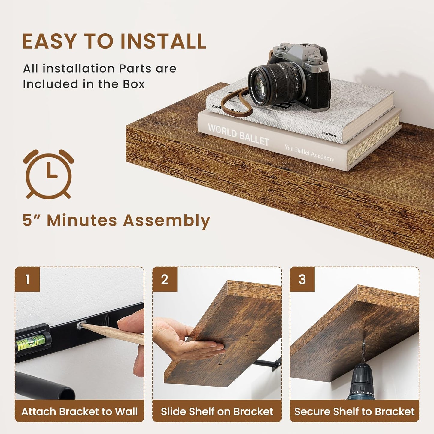 fuqing Floating Shelves for Wall, Bathroom Shelf Wall Mounted for Storage, Shelves with Invisible Bracket for Bedroom, Kitchen, Living Room, Farmhouse Small Book Shelf, 36 Inch Set of 2, Rustic Brown