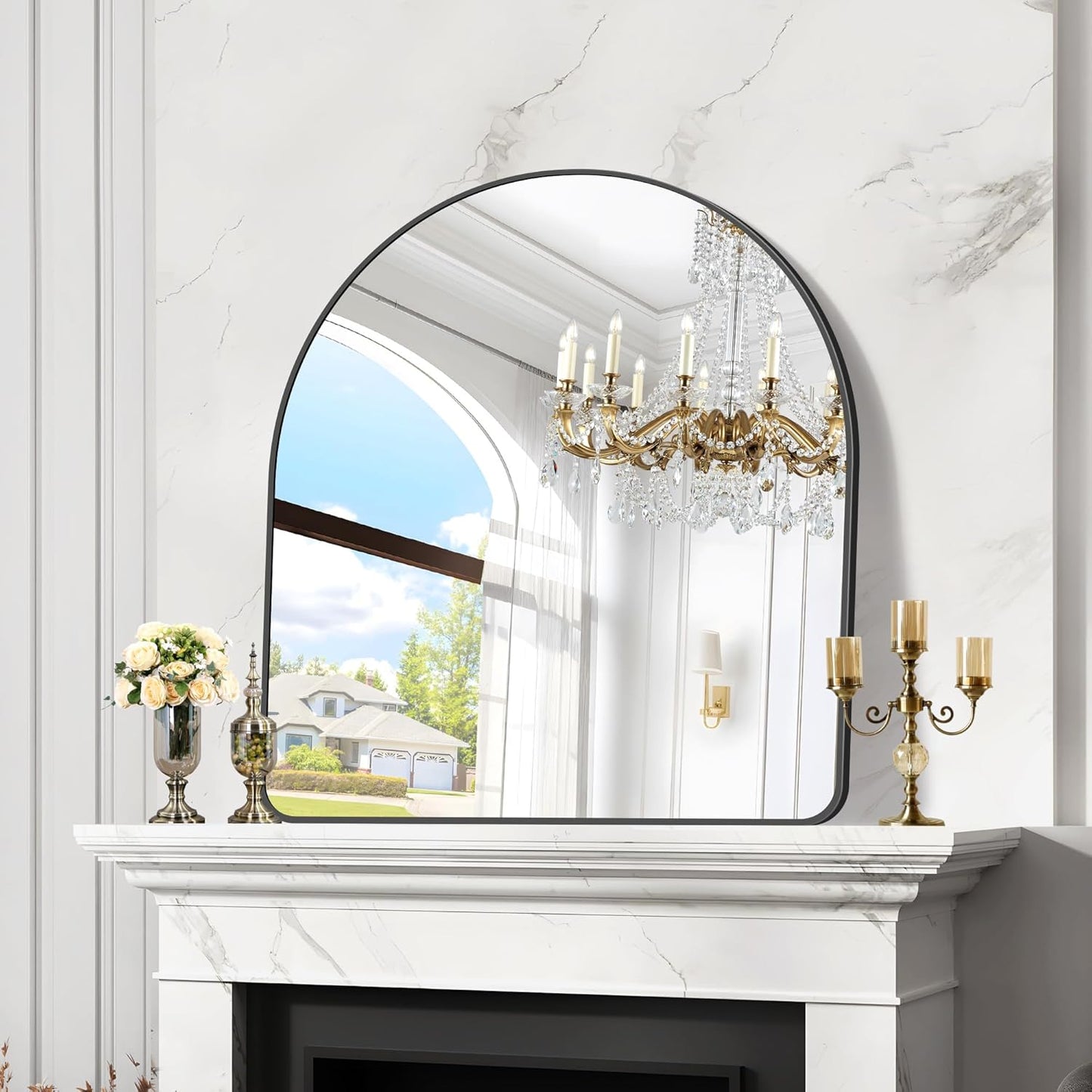 Arched Bathroom Mirror, 36"x40" Black Arched Mirror for Bathroom, Wall Mounted Mirror, Black Vanity Wall Mirror w/Metal Frame for Bedroom, Entryway, Living Room, Vertically Hanging