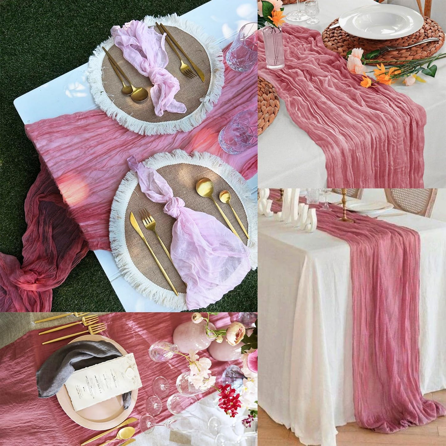 12 Pack Dusty Rose 10FT Cheesecloth Table Runner 20 x 120 Inch Long Rustic Gauze Fabric Cheese Cloth Table Runner for Wedding Bridal Baby Shower Table Decorations Boho Sheer Birthday Party Table Decor