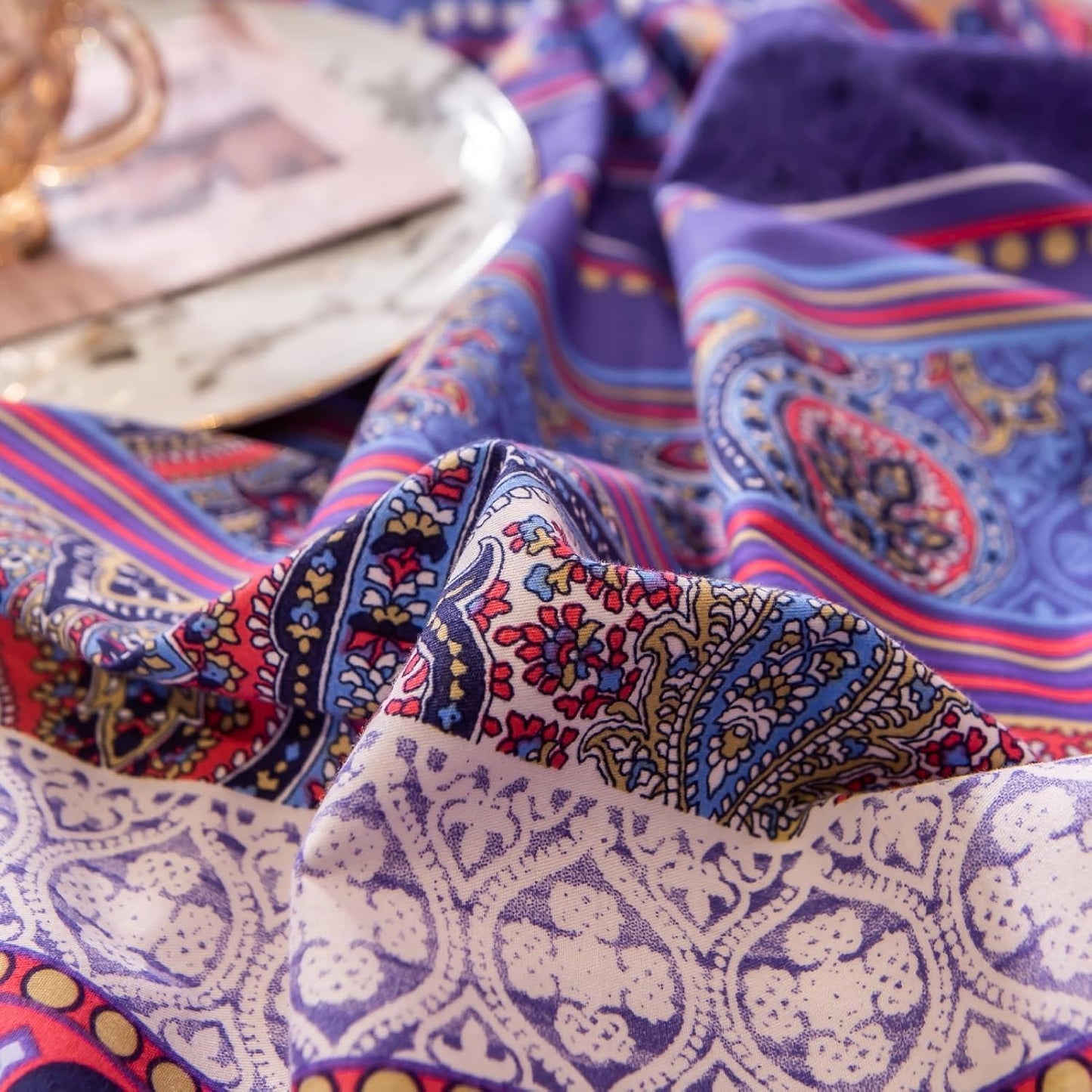 ABREEZE Bohemian Vintage Twin Size Floral Cotton Bedding Set 3Pcs Duvet Cover Set Boho Purple Paisley 100% Egyptian Brushed Cotton Reversible Home Bedding Collection