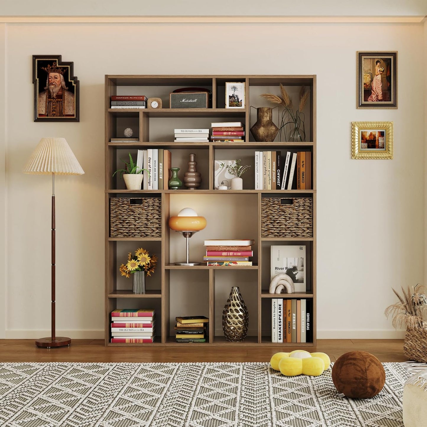 71” Tall Wooden Bookcase 6-Tier Large Bookshelves with 2 Woven Baskets, 55" Wide Floor Standing Wood Display Organizer Shelves for Living Room(Brown)