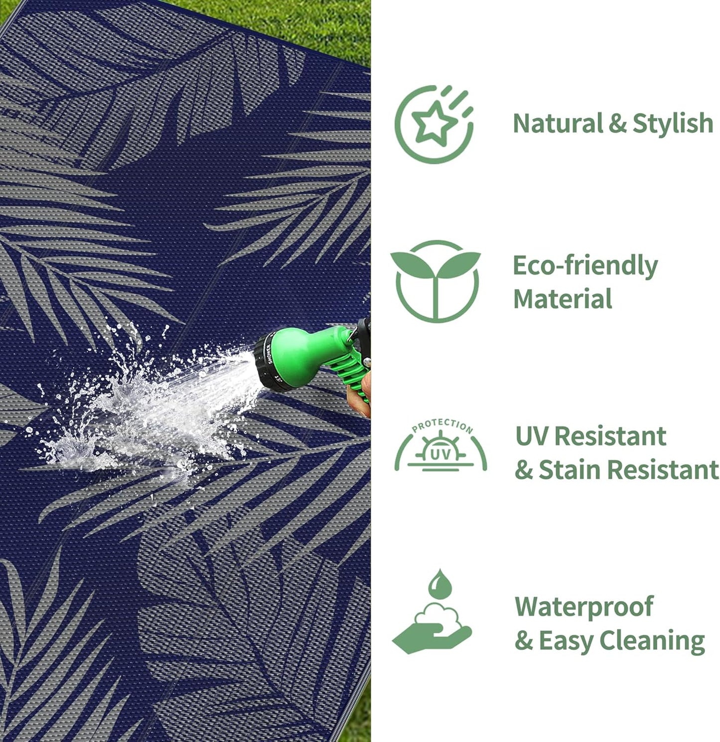 GENIMO Outdoor Rug 8' x 10' Waterproof for Patios Clearance, Reversible Outdoor Plastic Straw Camping Rug Carpet, Large Area Rugs Mats for RV, Camper, Deck, Balcony, Porch, Beach, Navy Blue&Grey