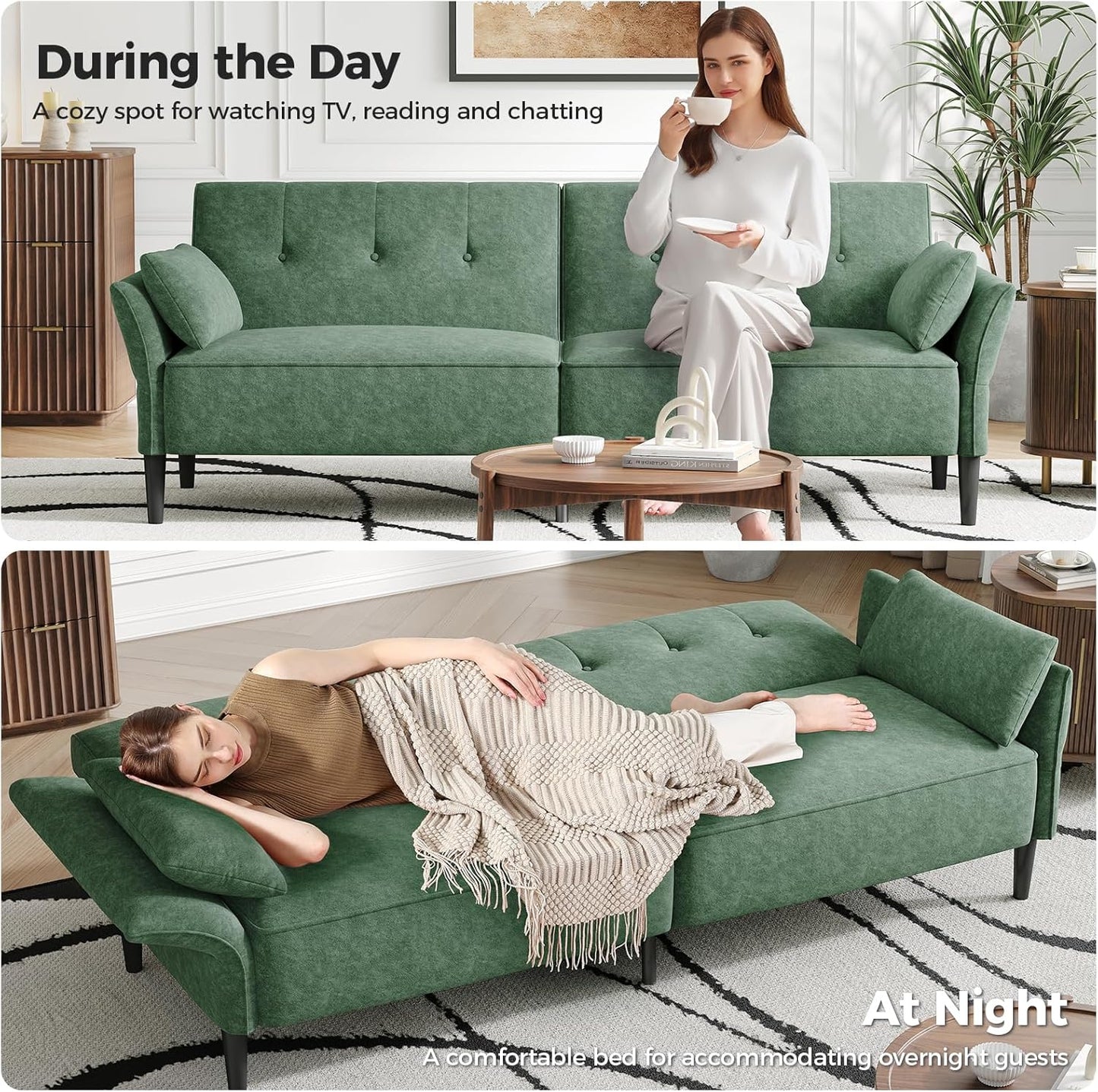 89” Futon Sofa Bed, Comfy Futon Couch Bed with 2 Square Pillows, Convertible Sleeper Sofa with Adjustable Backrest& Armrests, Modern Loveseat Sleeper for Living Room, Bedroom,Light Green