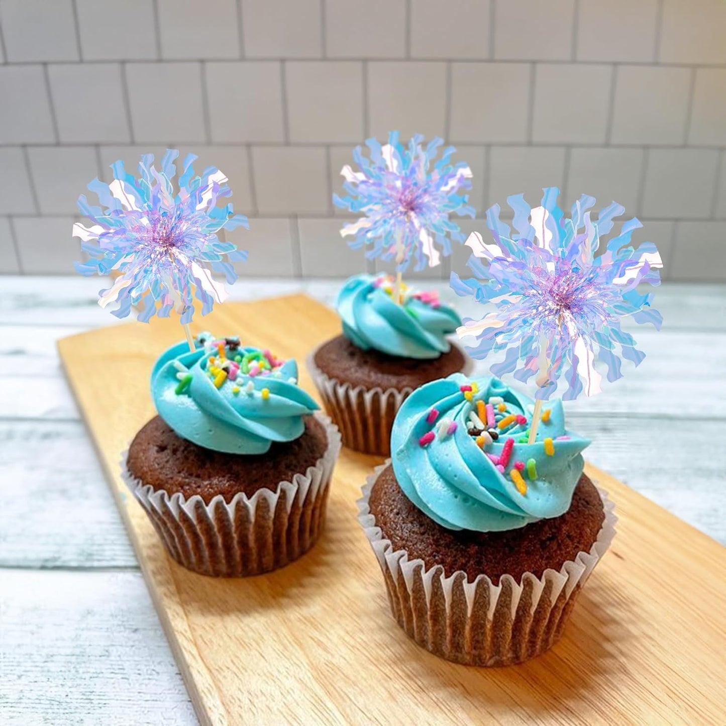Ephlyn 30Pcs Foil Firework Cupcake Toppers Party Birthday Cake Toppers Supplies Sparkle Tinsel Cocktail Fruit Toothpick for Birthday Wedding Graduation Party Light Blue