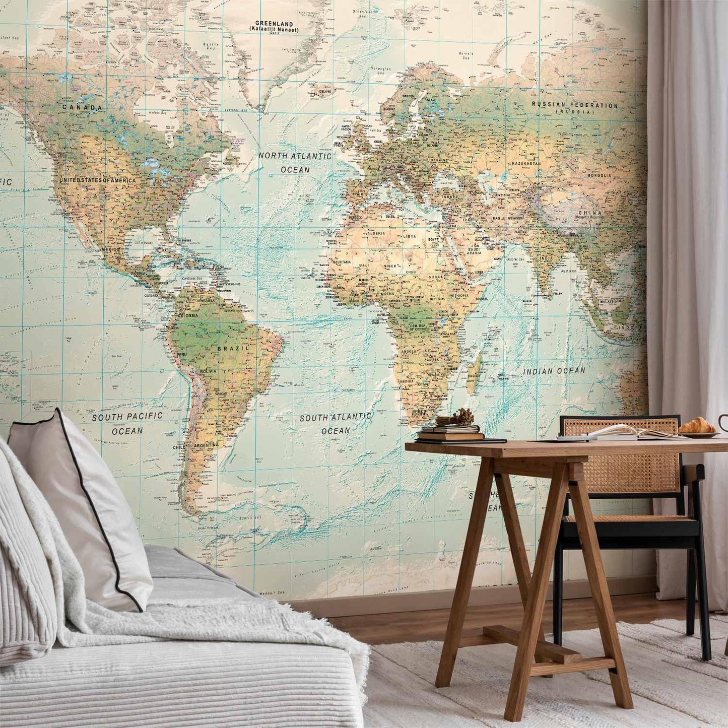 artgeist Premium Wall Mural World Map 118x83 in - XXL Non-Woven Wallpaper Fleece Wall Decor Photo Print Picture Image Design Home Map of The World k-A-0091-a-d