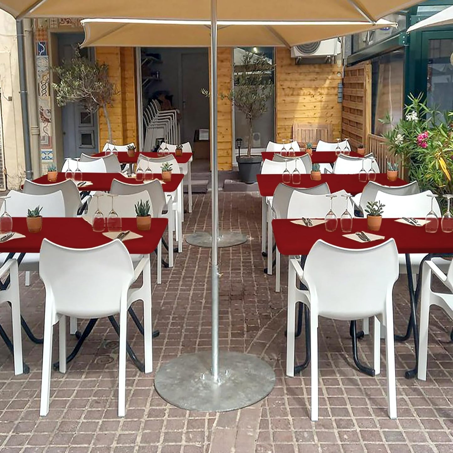 Fitted Tablecloth for 8 Foot Rectangle Tables-4 Pack Red Elastic Outdoor Picnic Table Cover-Spandex Stretch Folding Table Cloths 8ft for Camping Dining Room Patio Kitchen Banquet Party