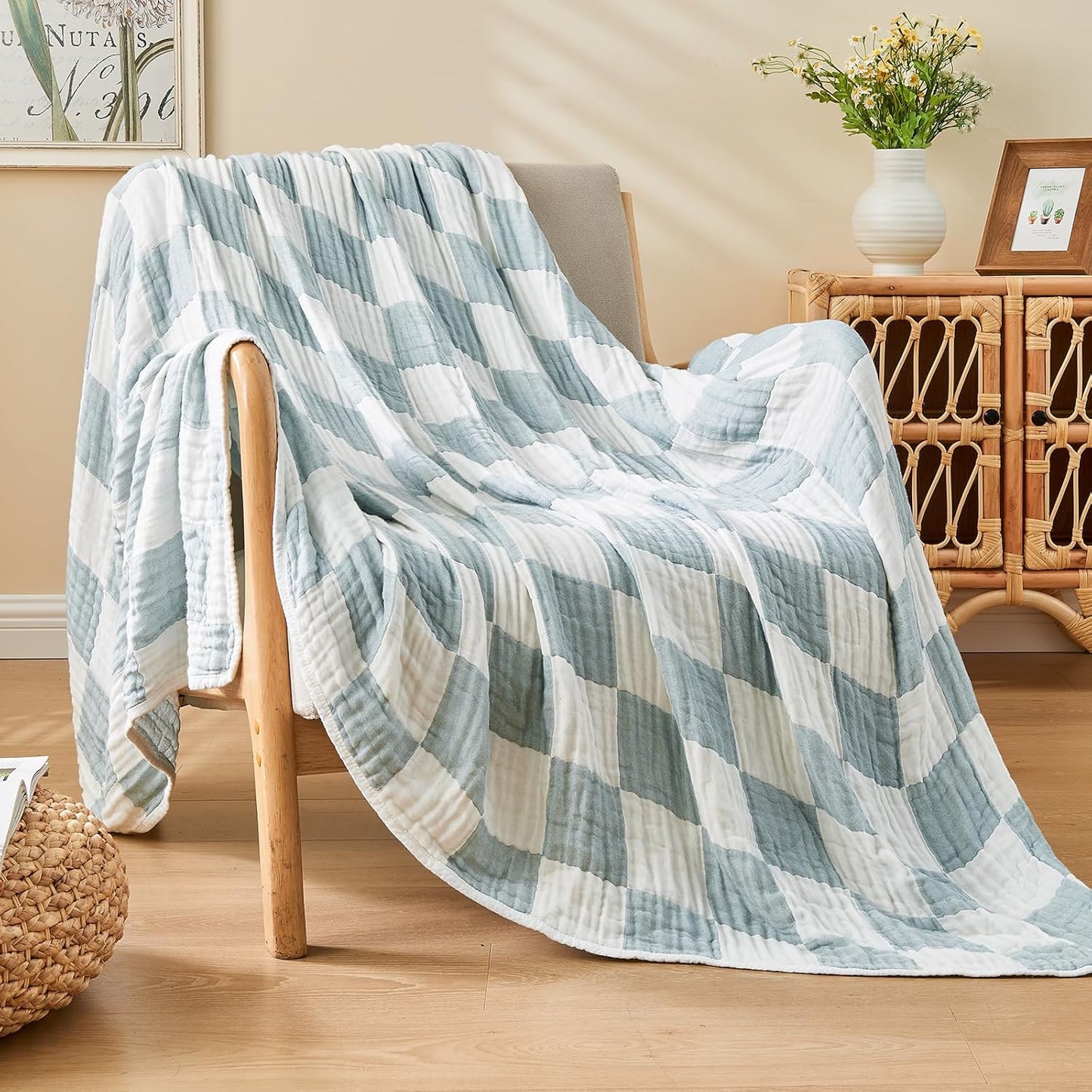 EMME Checkered Throw Blanket Cotton for Couch Soft Muslin Bamboo Blankets 50"x60" Lightweight Breathable Soft Blanket All Season Gauze, Teal